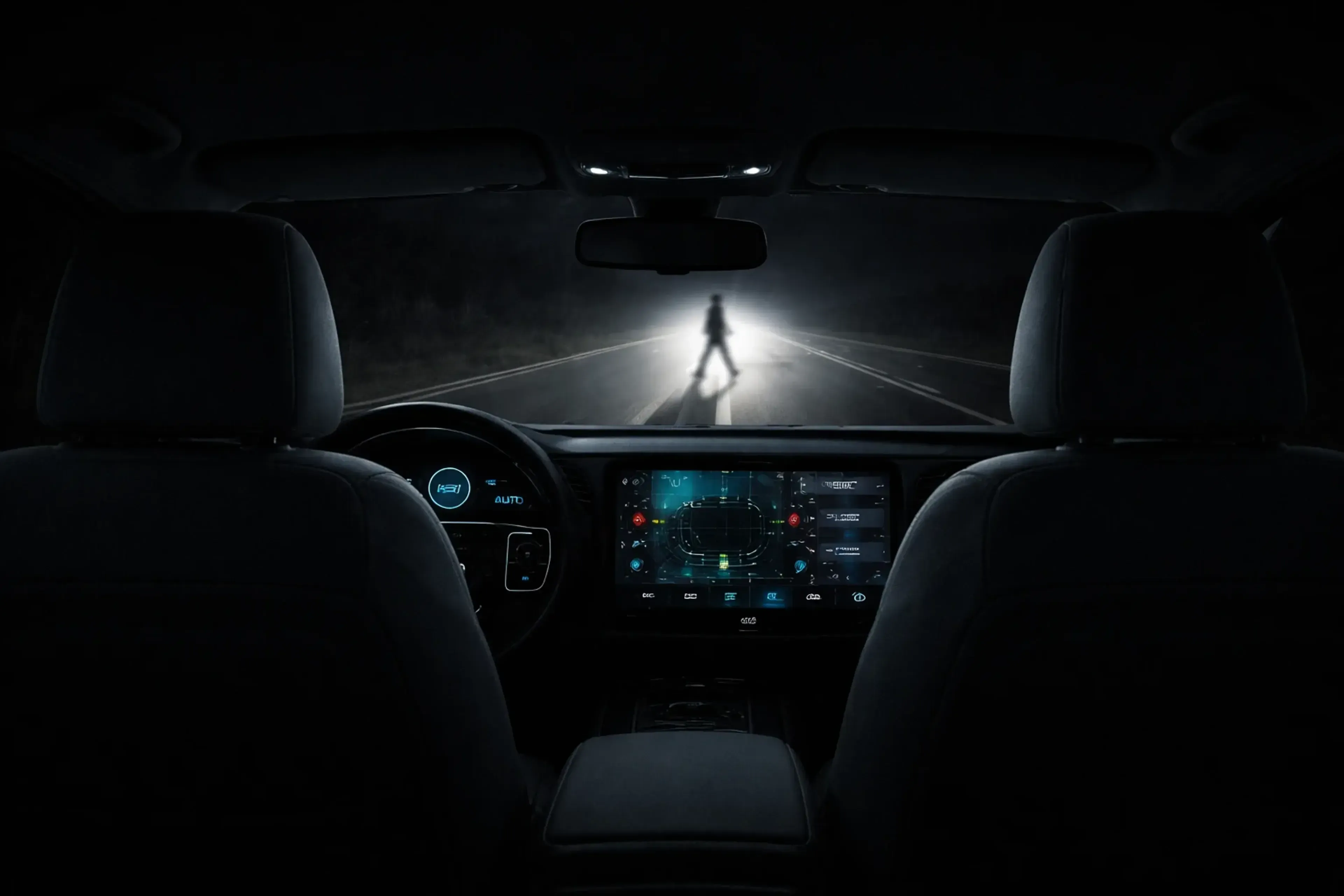 Vista interior de un automóvil en movimiento nocturno con pantalla digital iluminada en el tablero, mientras las luces delanteras iluminan una carretera oscura con una figura humana en el camino.