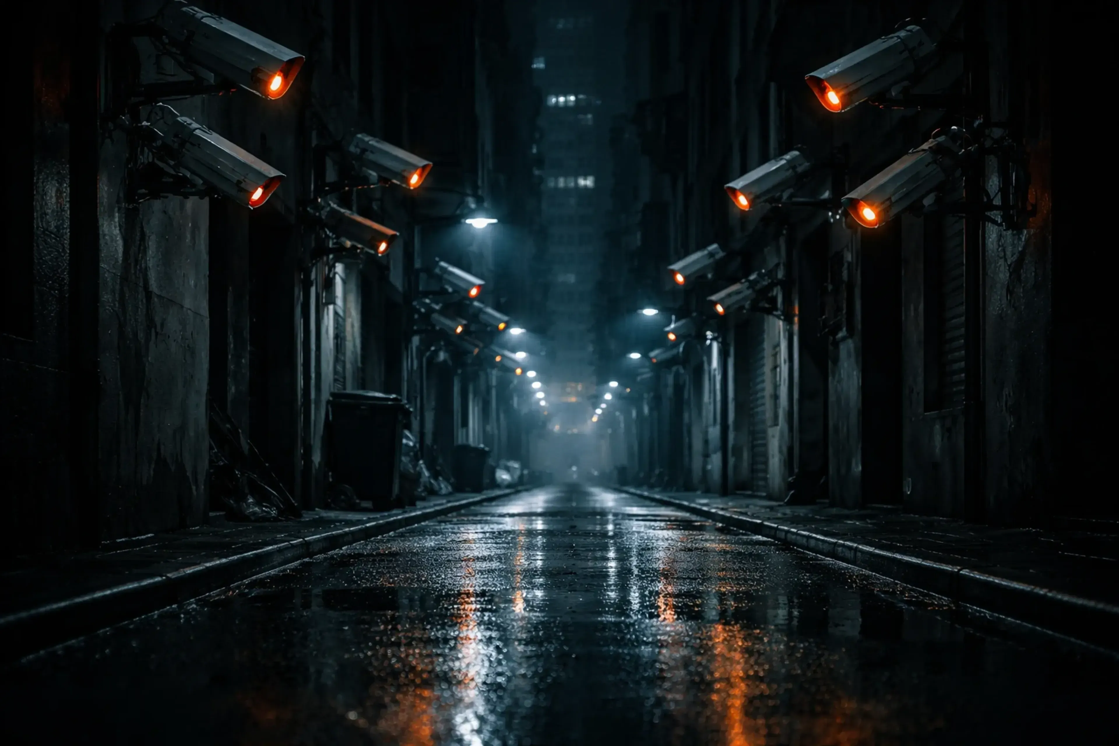 Calle oscura y mojada de noche con edificios a ambos lados, iluminada por focos de vigilancia con luz naranja y blanca, reflejándose en el pavimento húmedo.