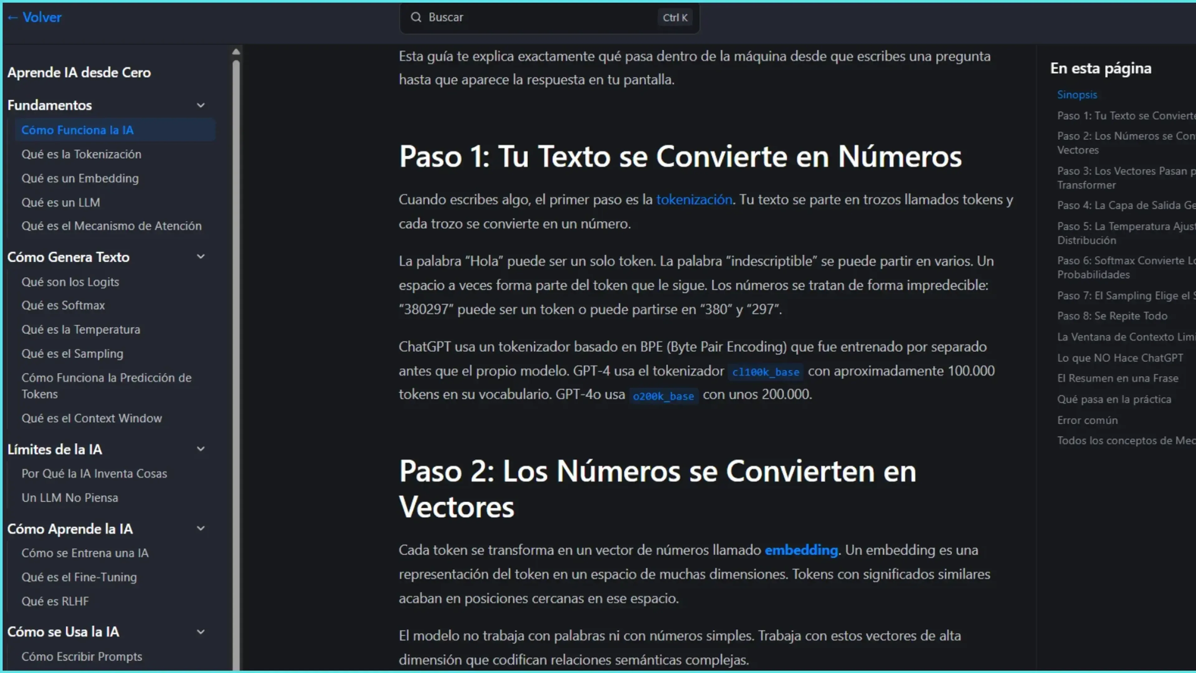 Captura del portal educativo FlowXion en modo oscuro. Muestra un menú lateral sobre fundamentos de IA y un artículo central explicando el proceso de tokenización (texto a números) y los embeddings (números a vectores).