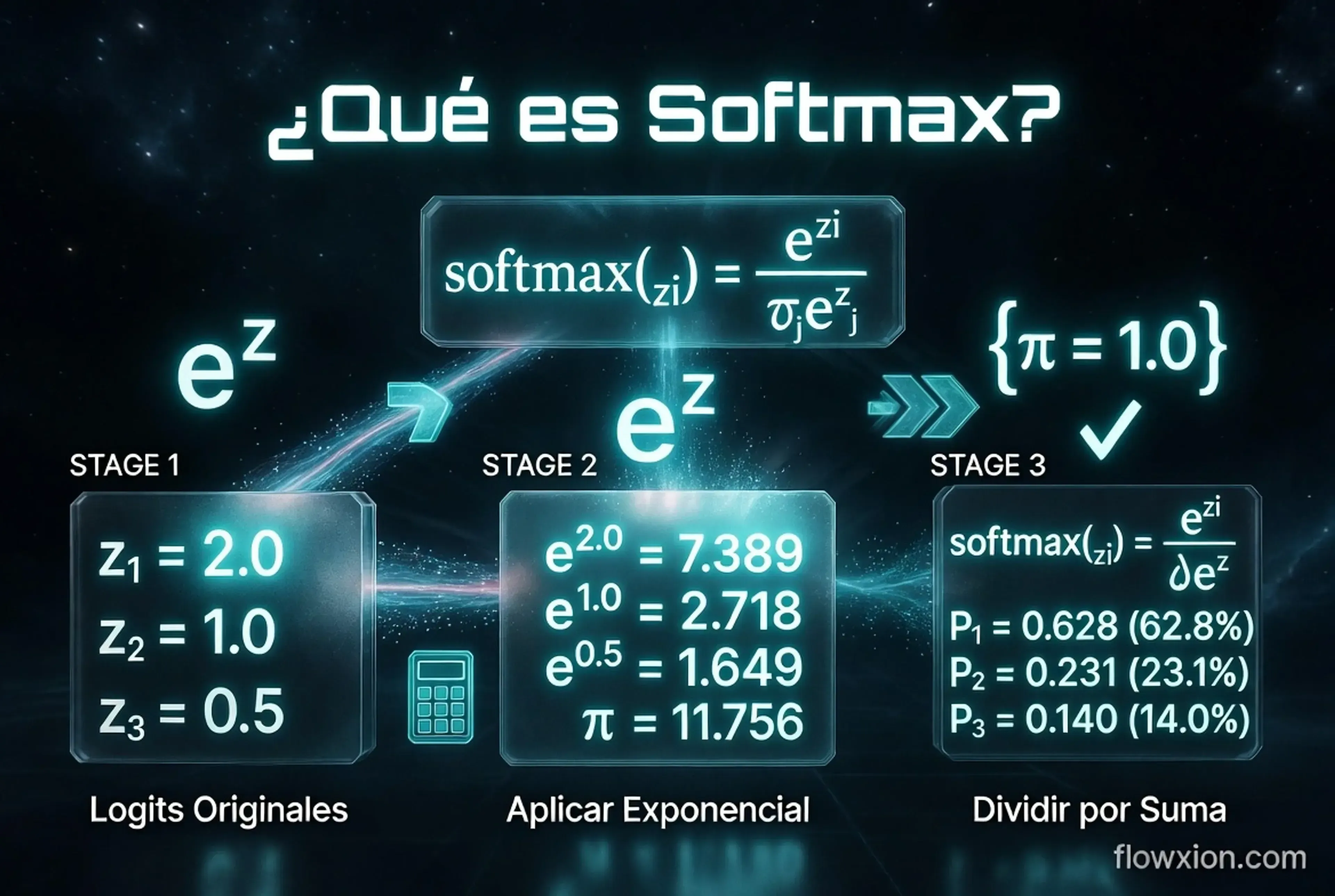 Diagrama infográfico que explica el funcionamiento de Softmax en tres etapas: logits originales, aplicación de exponencial y división por suma, mostrando cálculos matemáticos y probabilidades resultantes.