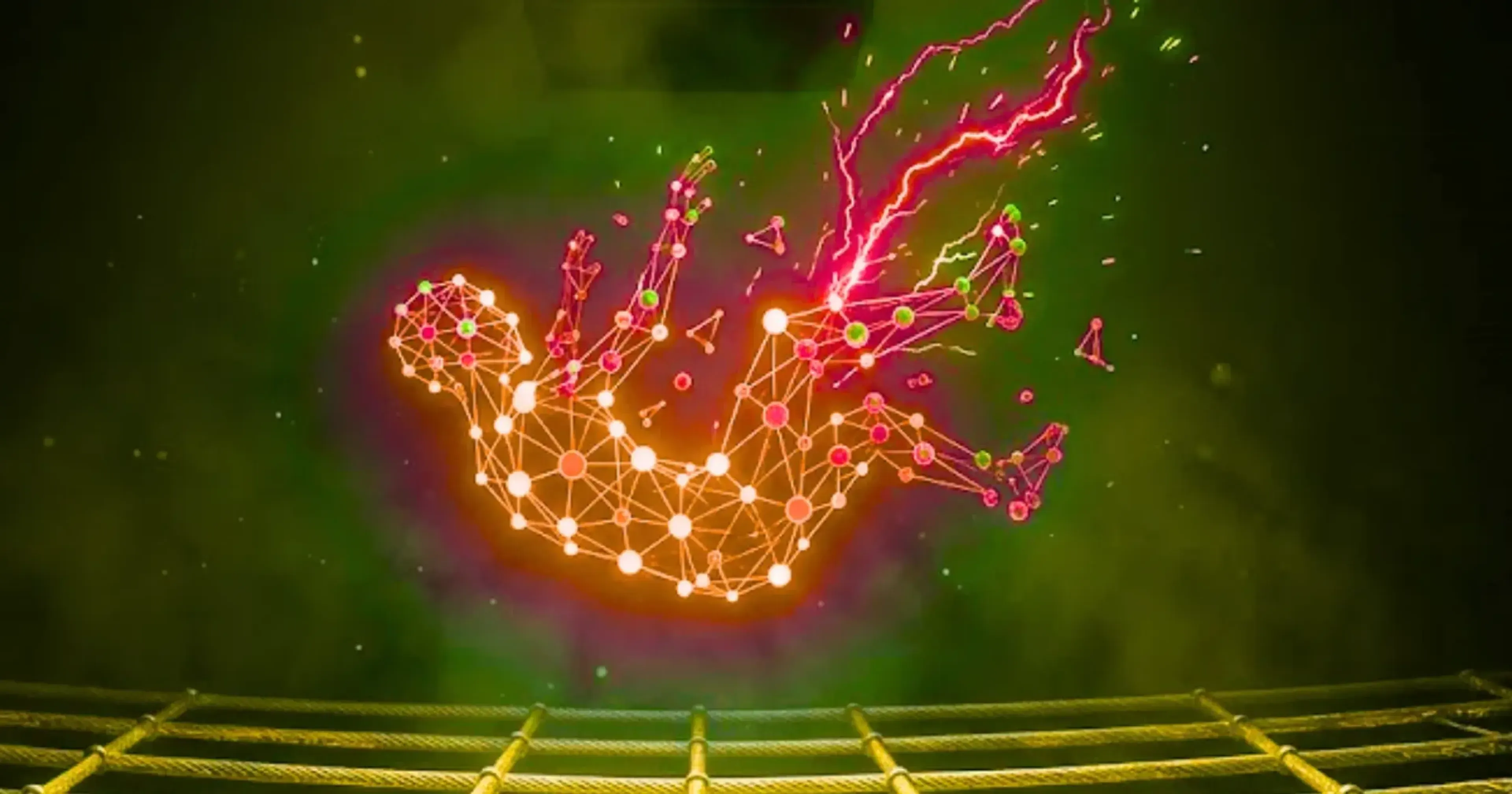 Red neuronal abstracta con nodos interconectados en tonos naranjas y rosas, emitiendo descargas de energía sobre fondo verde oscuro, simbolizando procesamiento de inteligencia artificial.