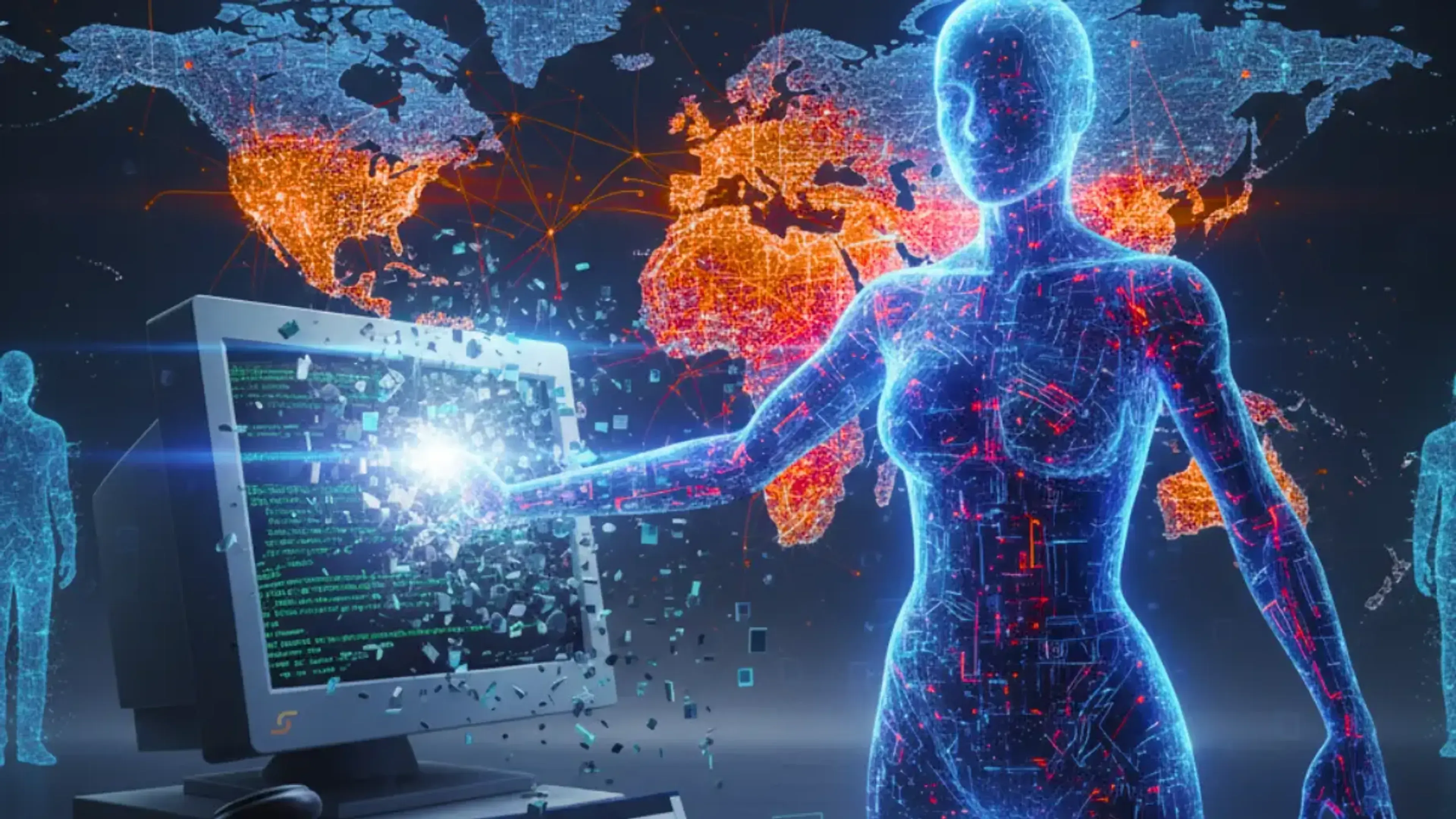Figura digital de mujer con circuitos de luz azul y roja conectada a una computadora que emite datos hacia un mapa mundial iluminado en tonos naranjas y rojos.