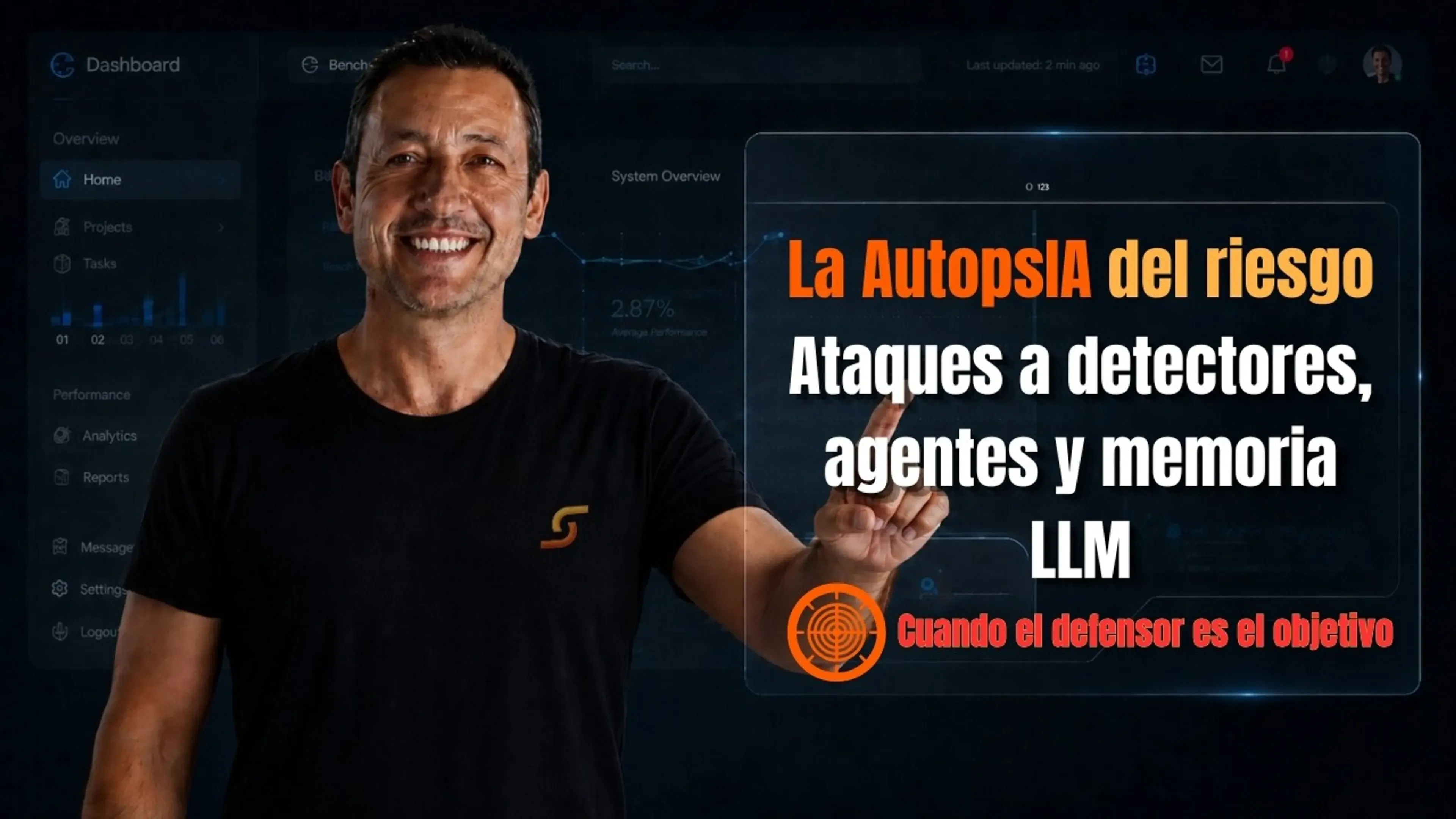Juanlu de ApisDom sonríe con camiseta negra en un estudio oscuro. A la derecha aparece «La AutopsIA del riesgo» y «Ataques a detectores, agentes y memoria LLM», en una composición sobre seguridad de IA.