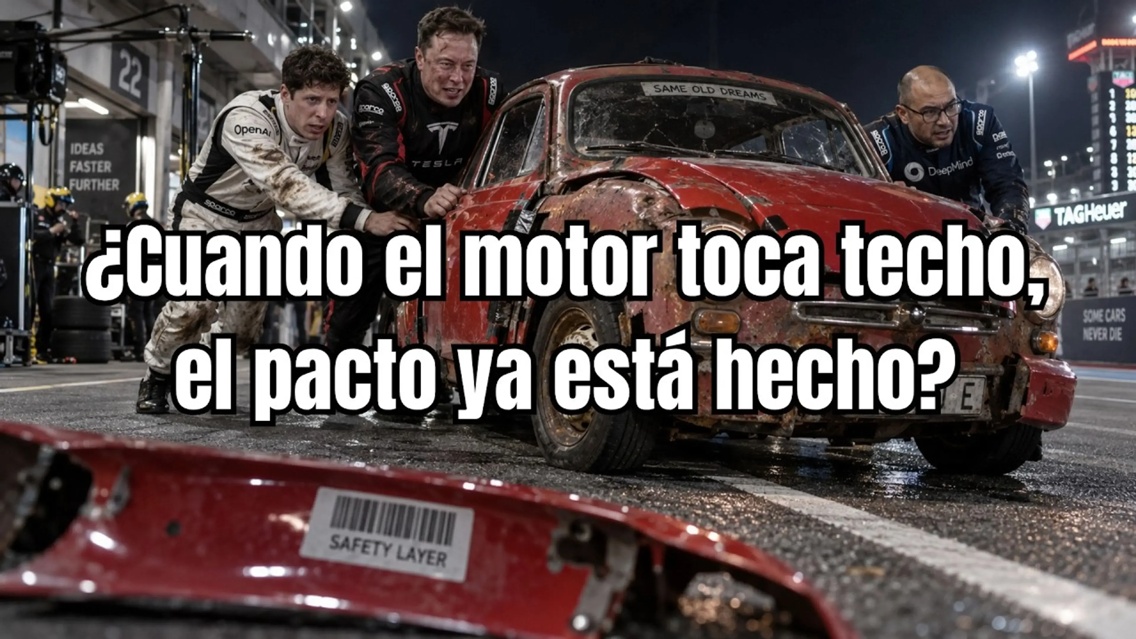 Meme con mecánicos observando un coche rojo destrozado en una prueba de choque. Texto superpuesto: ¿Cuando el motor toca techo, el pacto ya está hecho?.