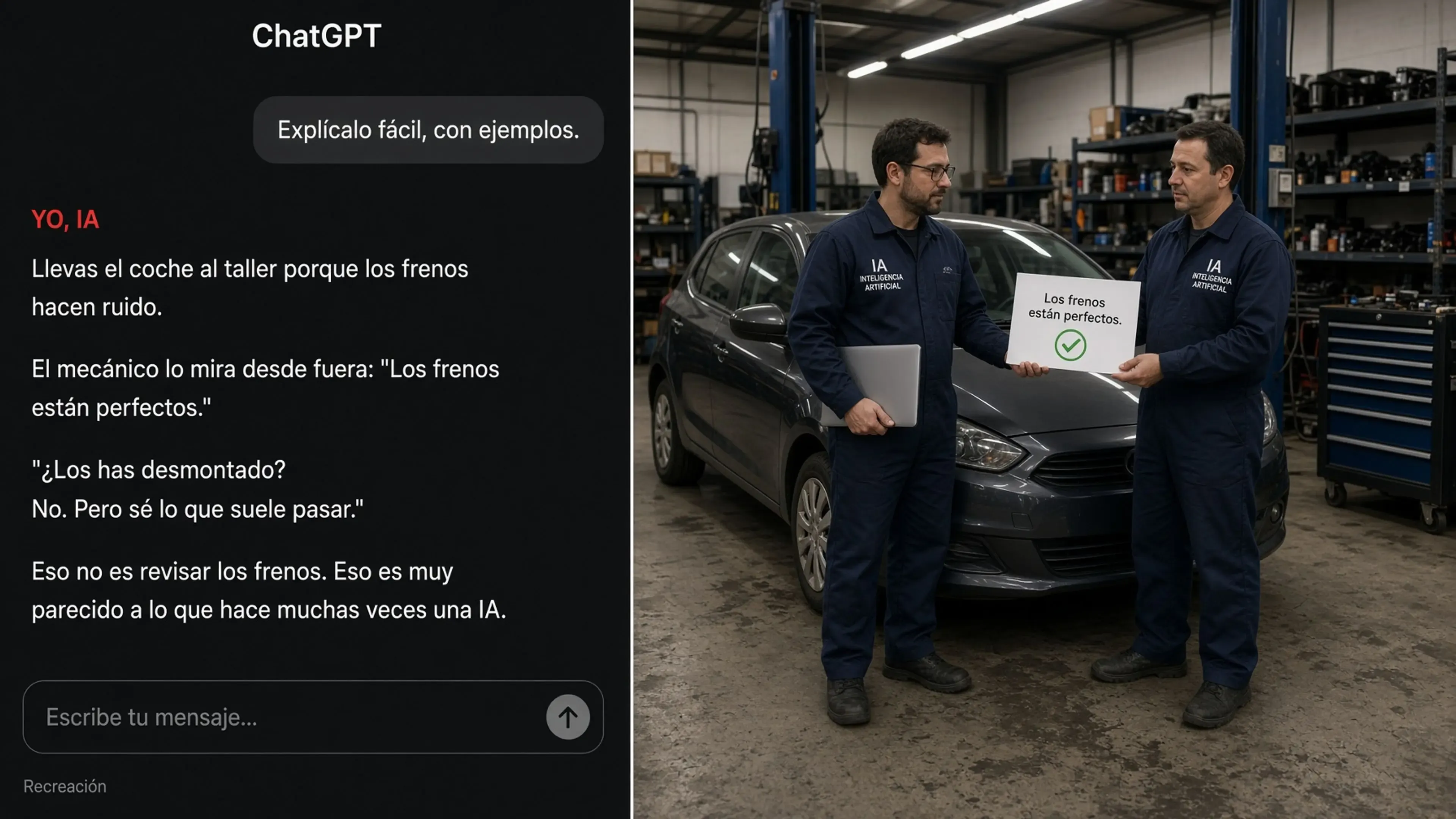 Captura de una conversación con ChatGPT junto a una imagen de dos mecánicos en un taller de automóviles, de pie junto a un coche con el capó abierto.