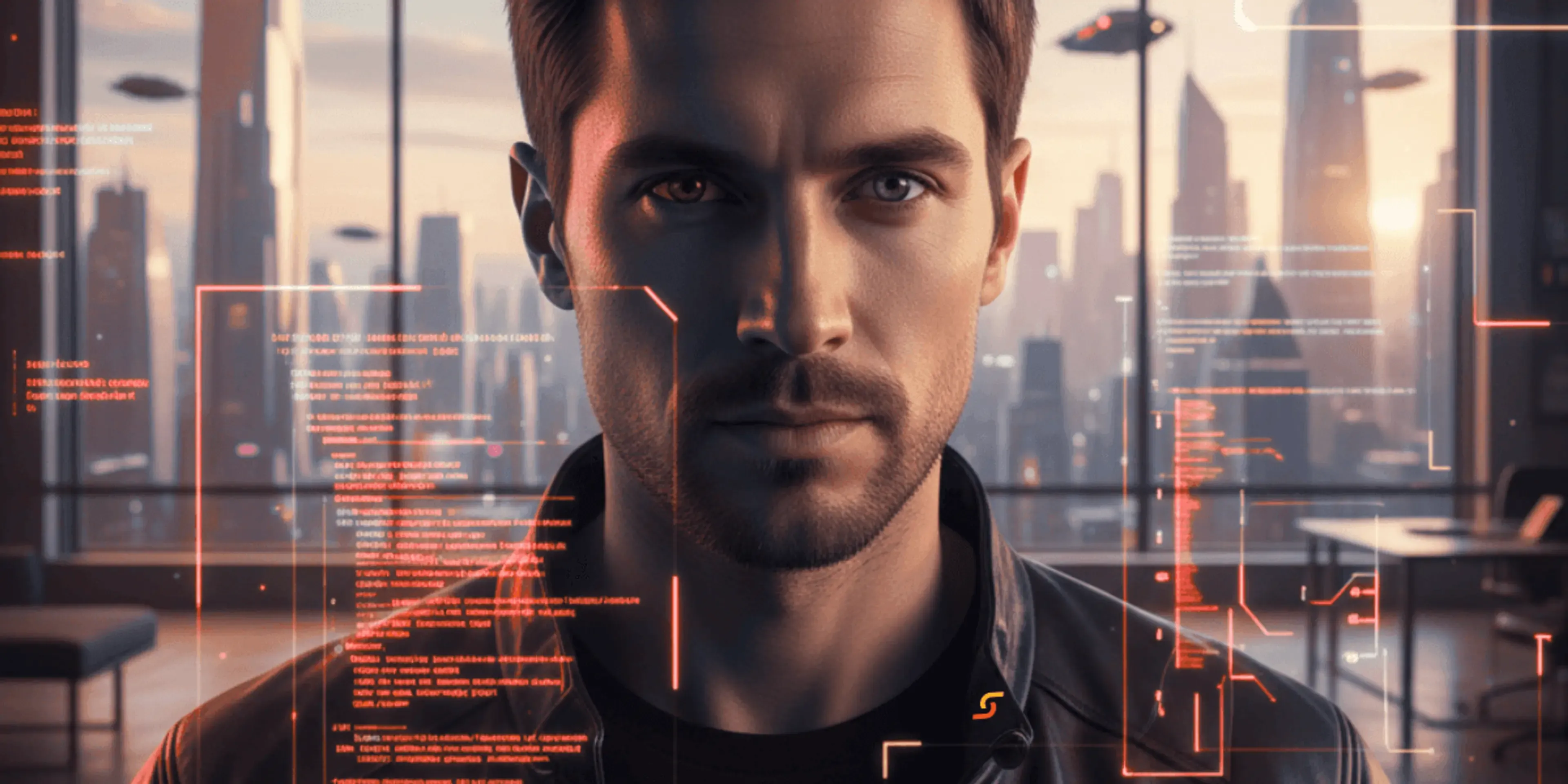 Hombre con barba frente a ventanal de rascacielos, rodeado de código naranja y elementos digitales que representan tecnología e inteligencia artificial.