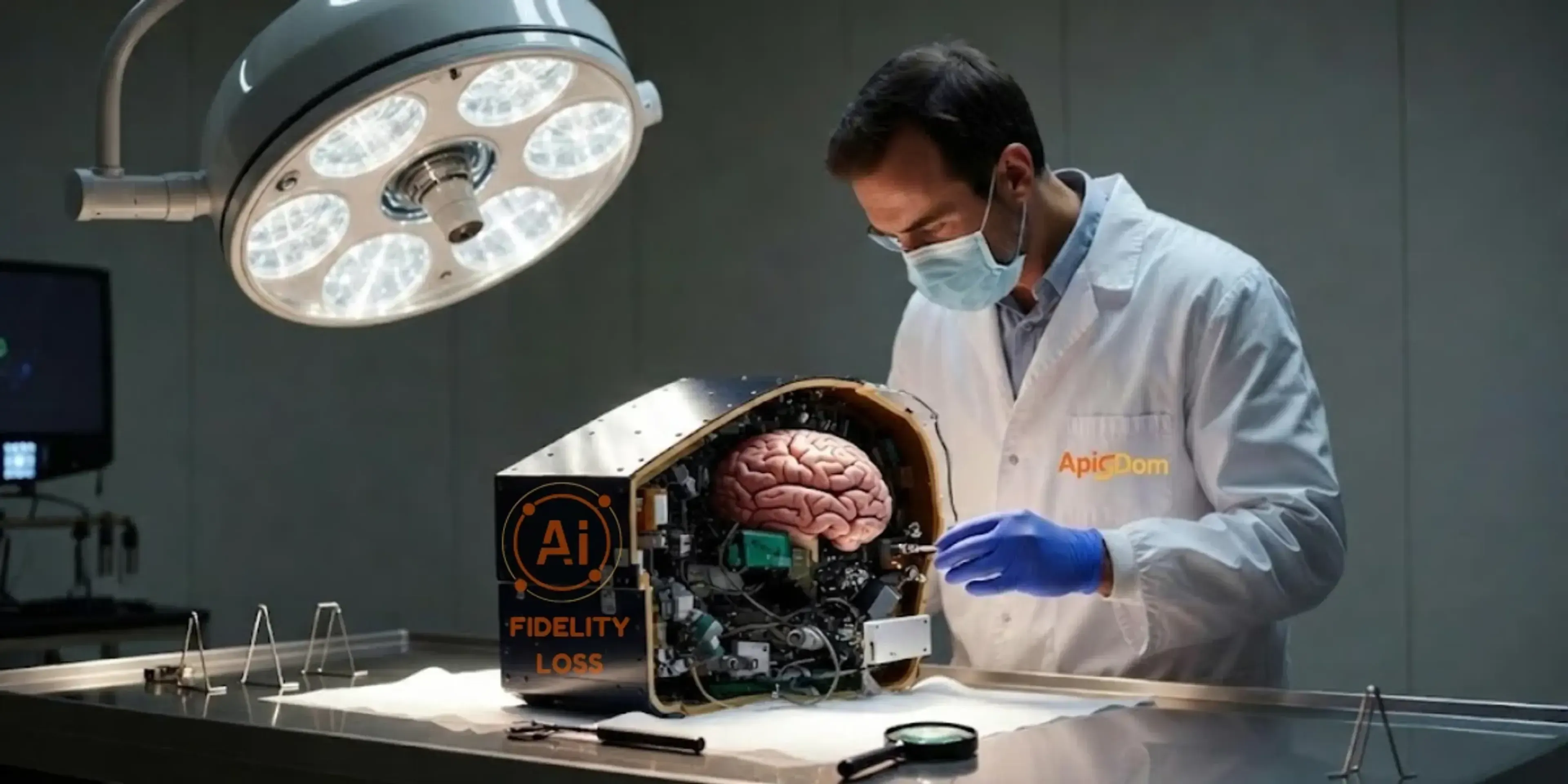 Médico en bata blanca y guantes azules examina un cerebro humano dentro de una máquina con circuitos electrónicos, bajo luz quirúrgica en un laboratorio.