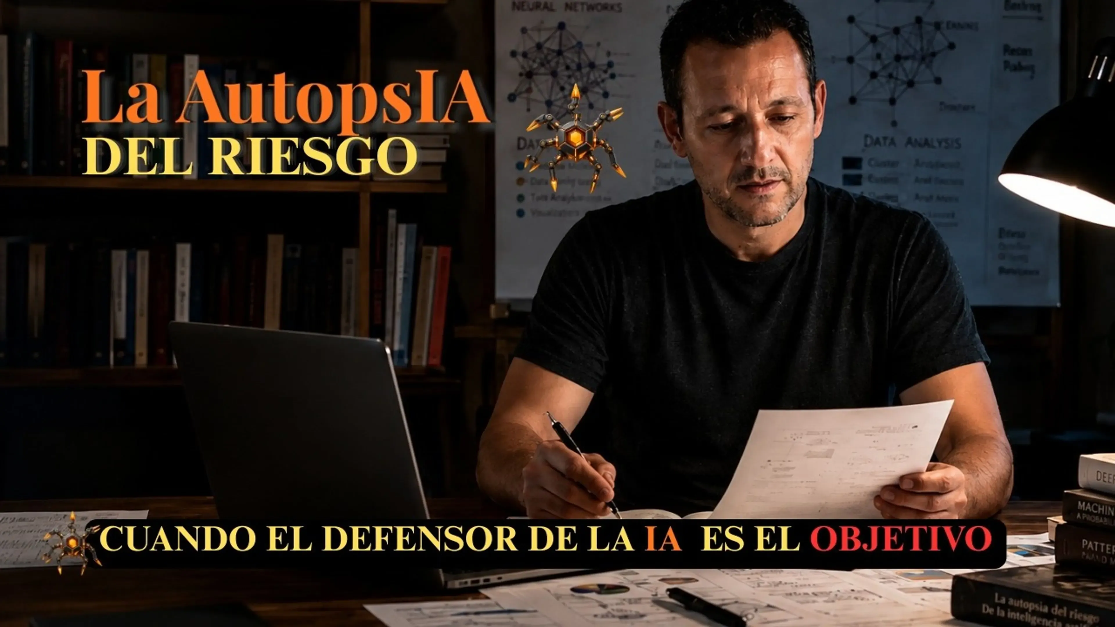 Juanlu de ApisDom revisando documentos en una mesa junto a un portátil, en una escena oscura de análisis e investigación. Aparece el texto «La AutopsIA del Riesgo» y una frase sobre el defensor de la IA.