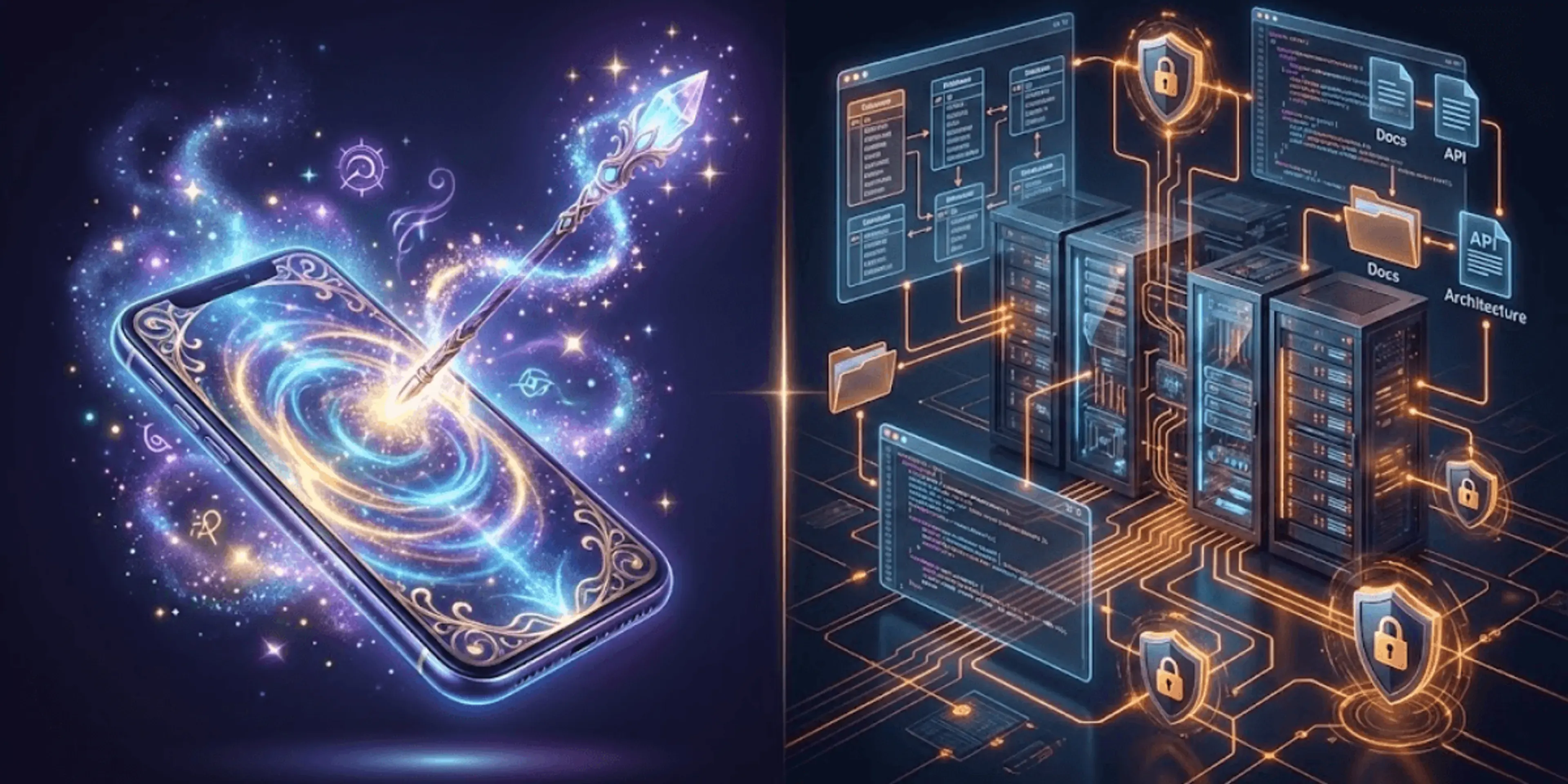 Teléfono inteligente con varita mágica brillante y energía cósmica azul, junto a diagrama de arquitectura de sistema con carpetas, documentos y candados de seguridad conectados por líneas naranjas.