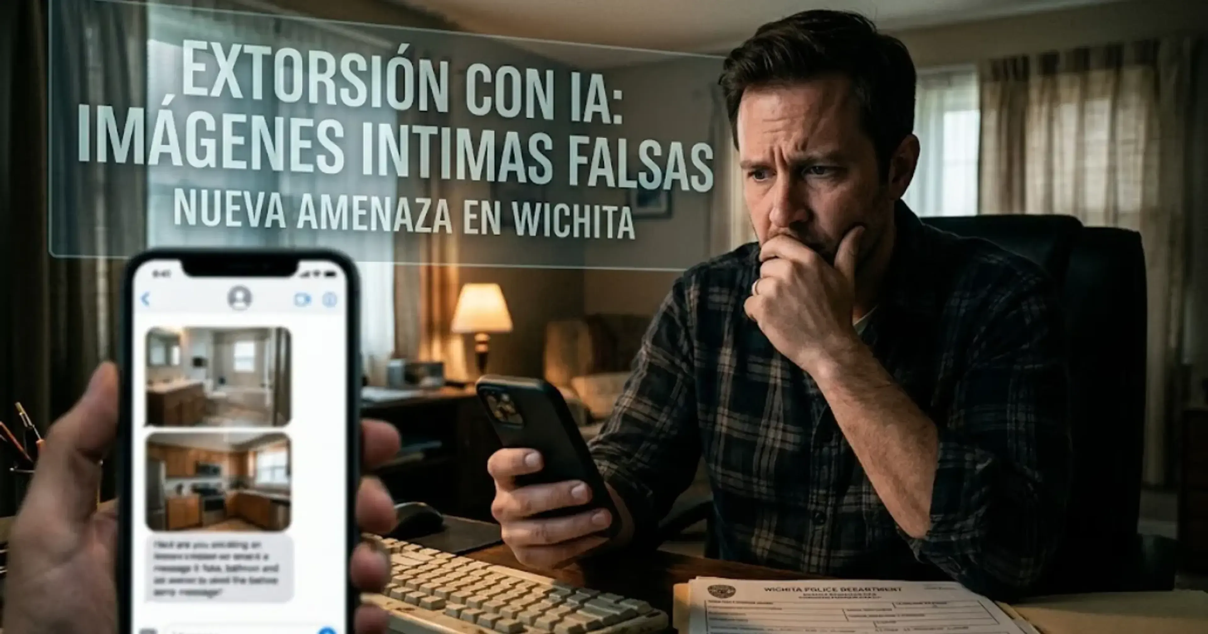 Hombre preocupado en su escritorio observa un teléfono que muestra imágenes de interiores, mientras recibe mensajes de extorsión relacionados con contenido íntimo falso generado por IA.