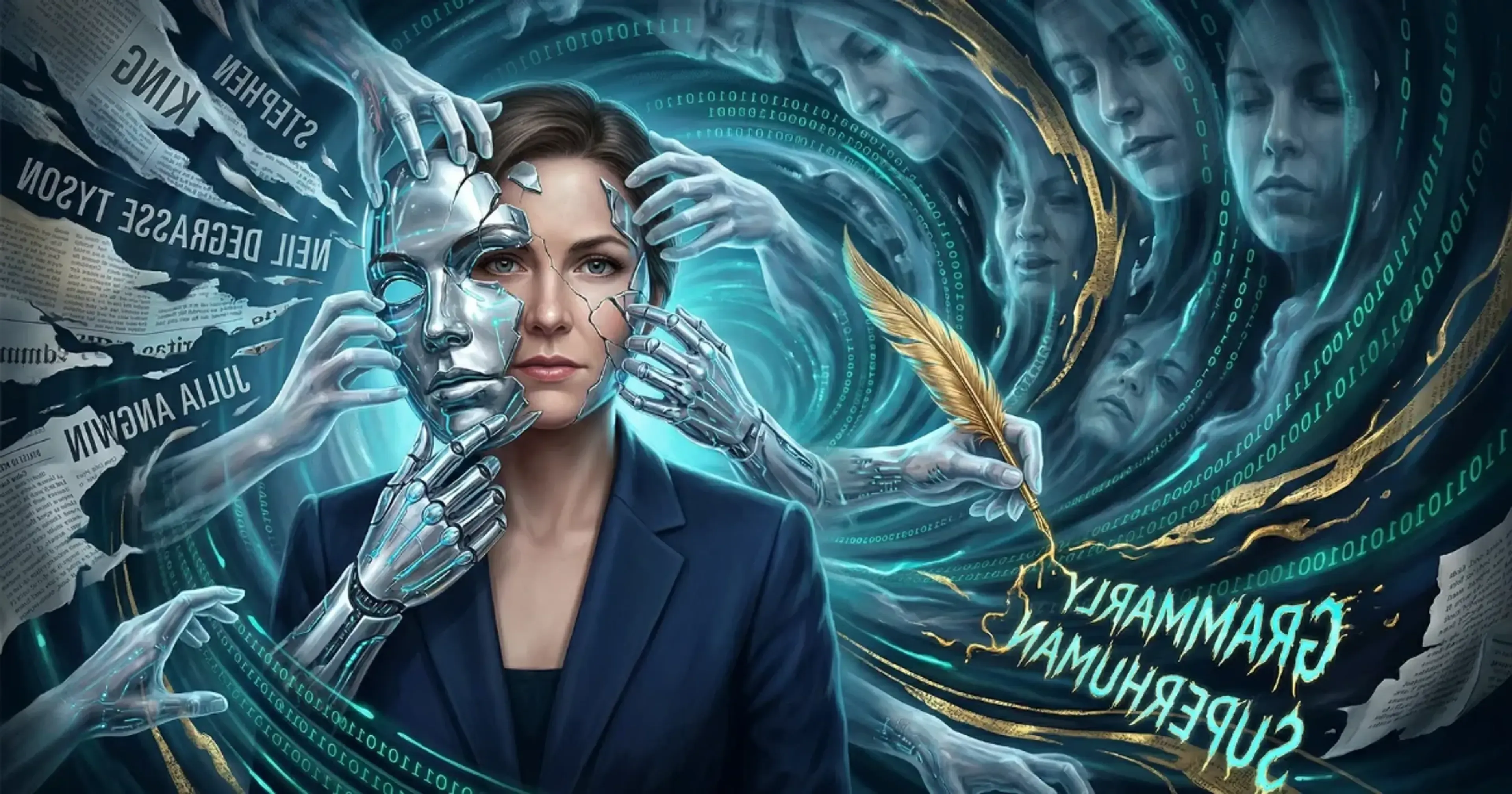 Mujer profesional con traje azul sostiene una máscara metálica de rostro mientras múltiples figuras espectrales y código binario brillan alrededor, rodeada de periódicos y símbolos digitales.