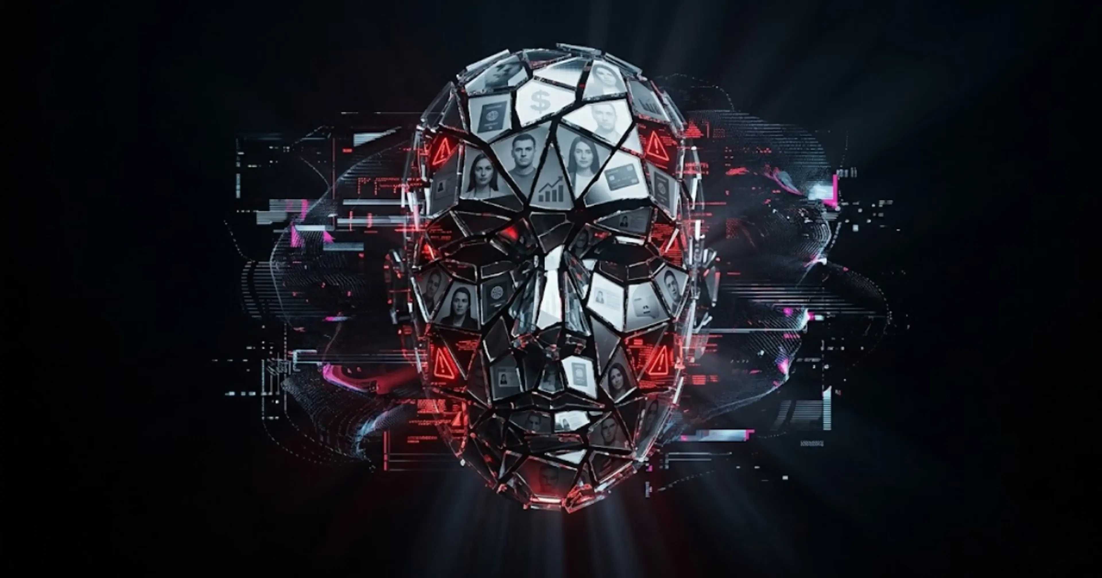Esfera digital futurista con rostros de personas en paneles conectados, rodeada de elementos tecnológicos rojos y negros que representan red, datos e inteligencia artificial.