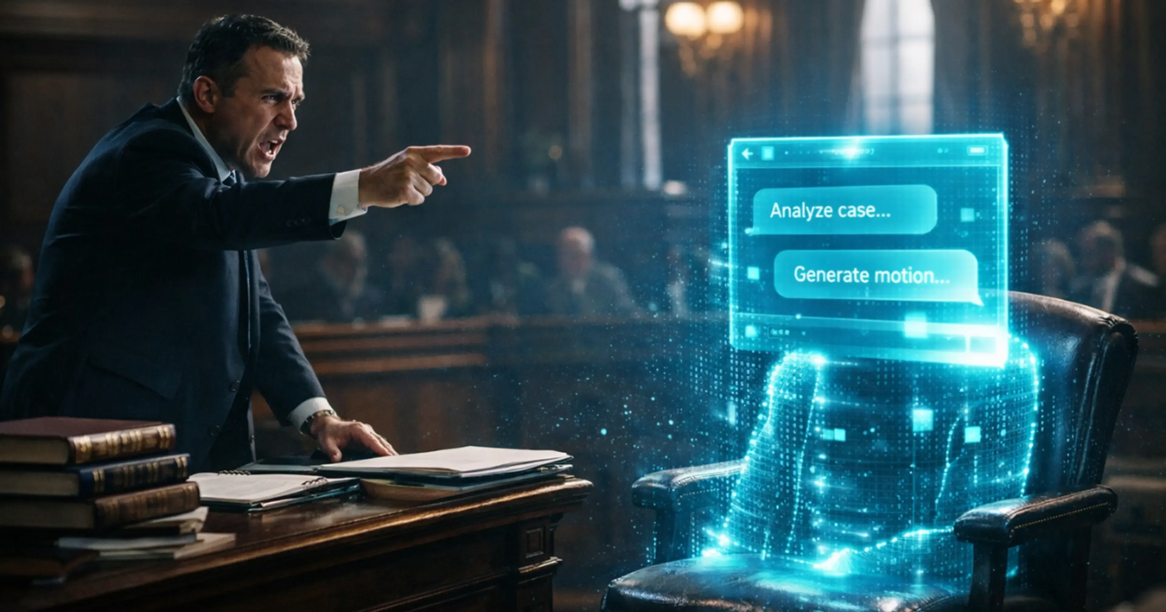 Abogado en traje señala una pantalla holográfica azul con opciones Analizar caso y Generar moción, en una sala de tribunal con libros legales sobre el escritorio.