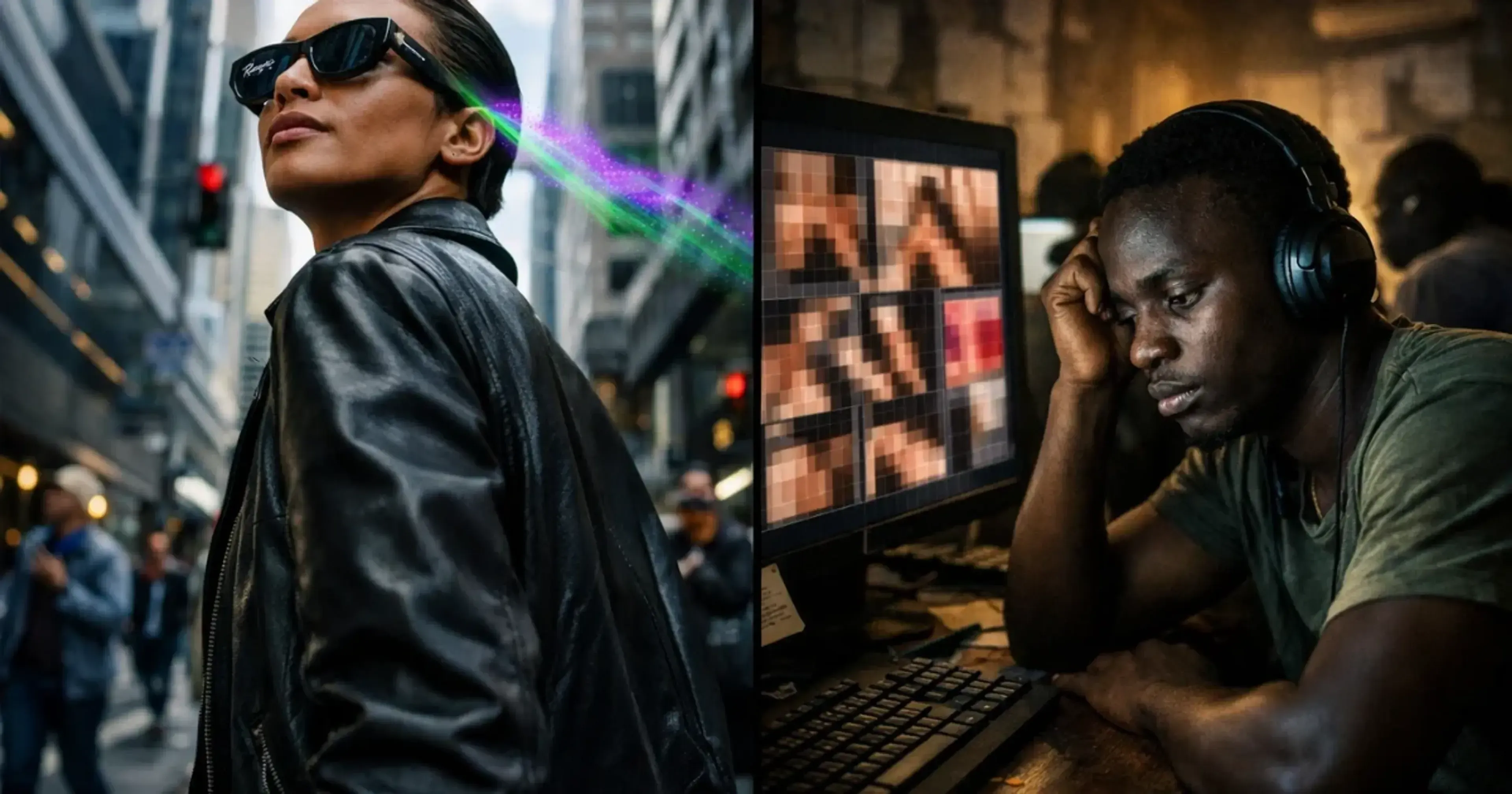 Contraste entre persona con gafas de realidad aumentada en calle urbana y revisor con auriculares analizando imágenes en pantalla de computadora en oficina.