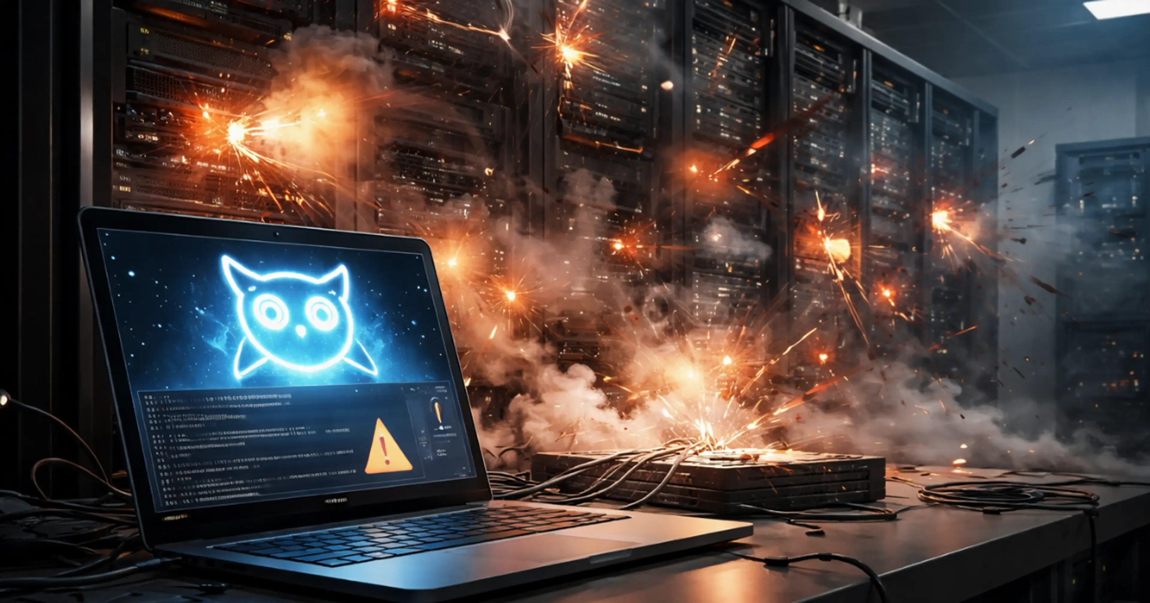 Laptop con logo de búho azul neón en pantalla frente a servidores en llamas, cables dispersos y explosiones de fuego en centro de datos, simbolizando fallo catastrófico de infraestructura.