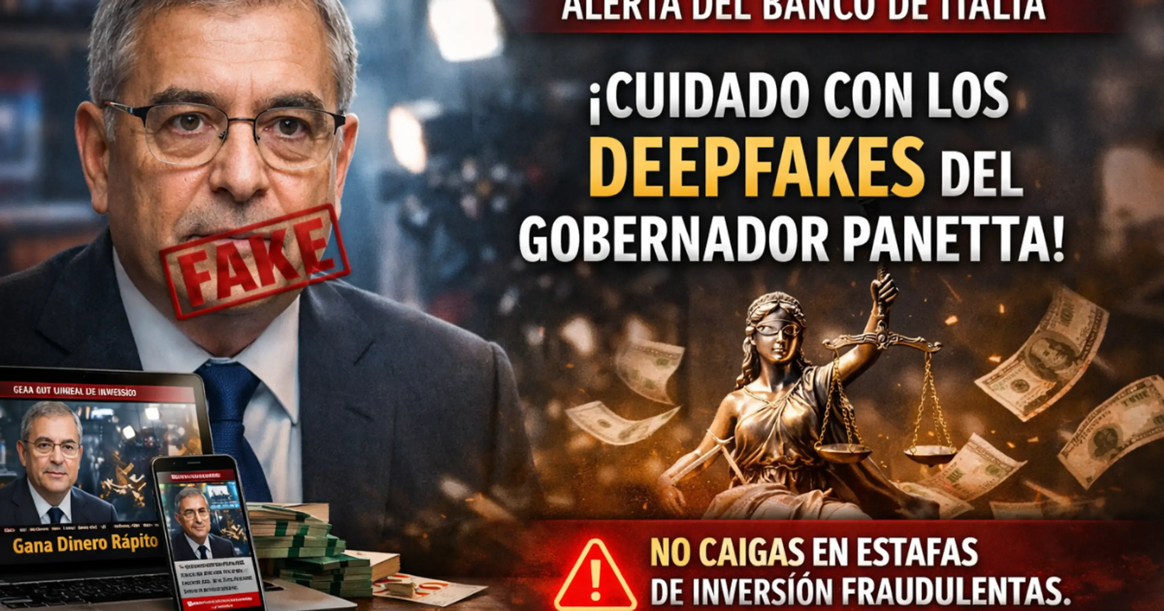 Hombre con gafas y sello de falso, junto a simbolo de justicia, dinero y advertencia sobre estafas de inversión fraudulentas.