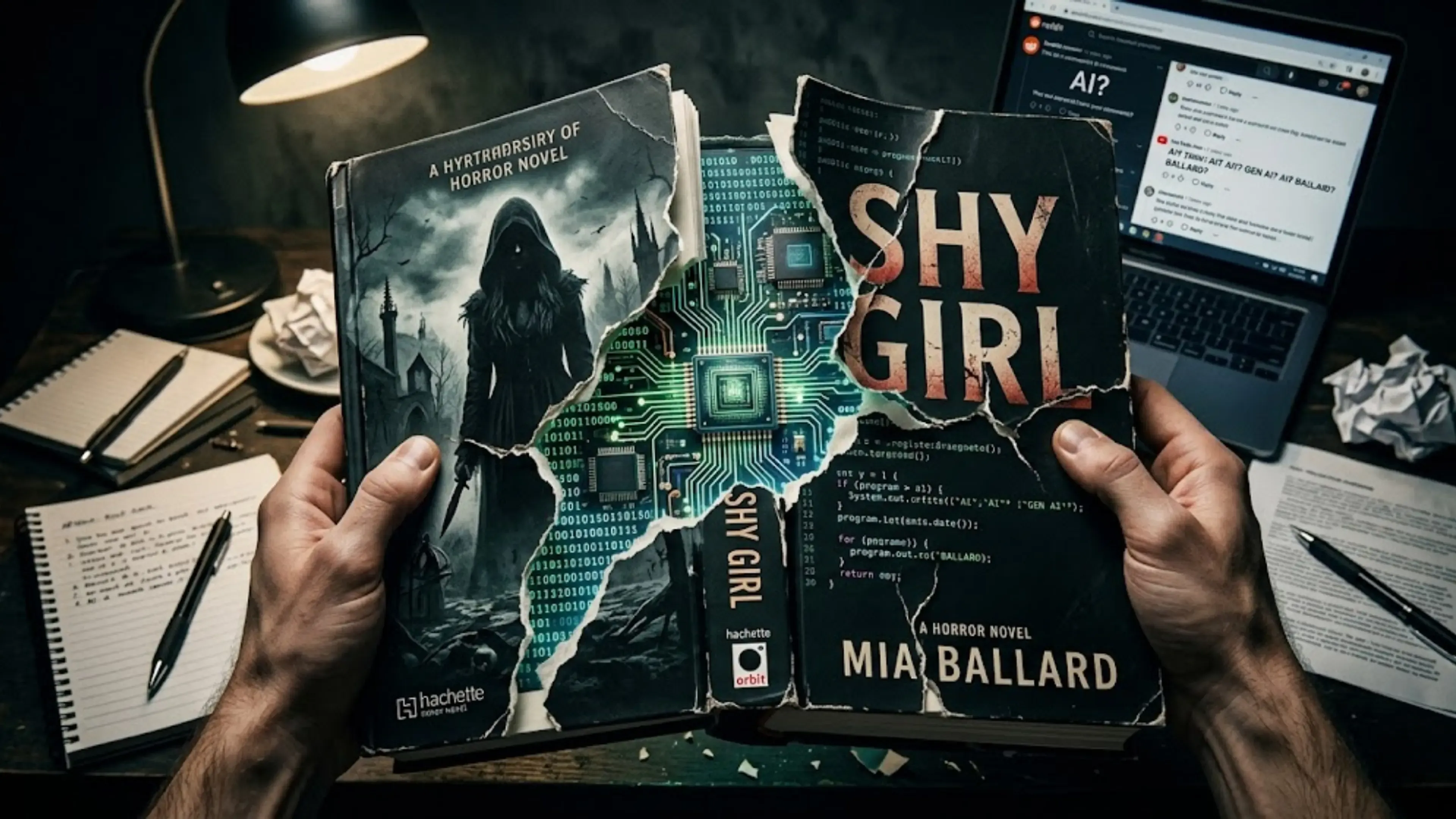 Manos sosteniendo dos libros de horror junto a una laptop con código de programación visible en pantalla, en un escritorio con lámpara, cuadernos y materiales de escritura.