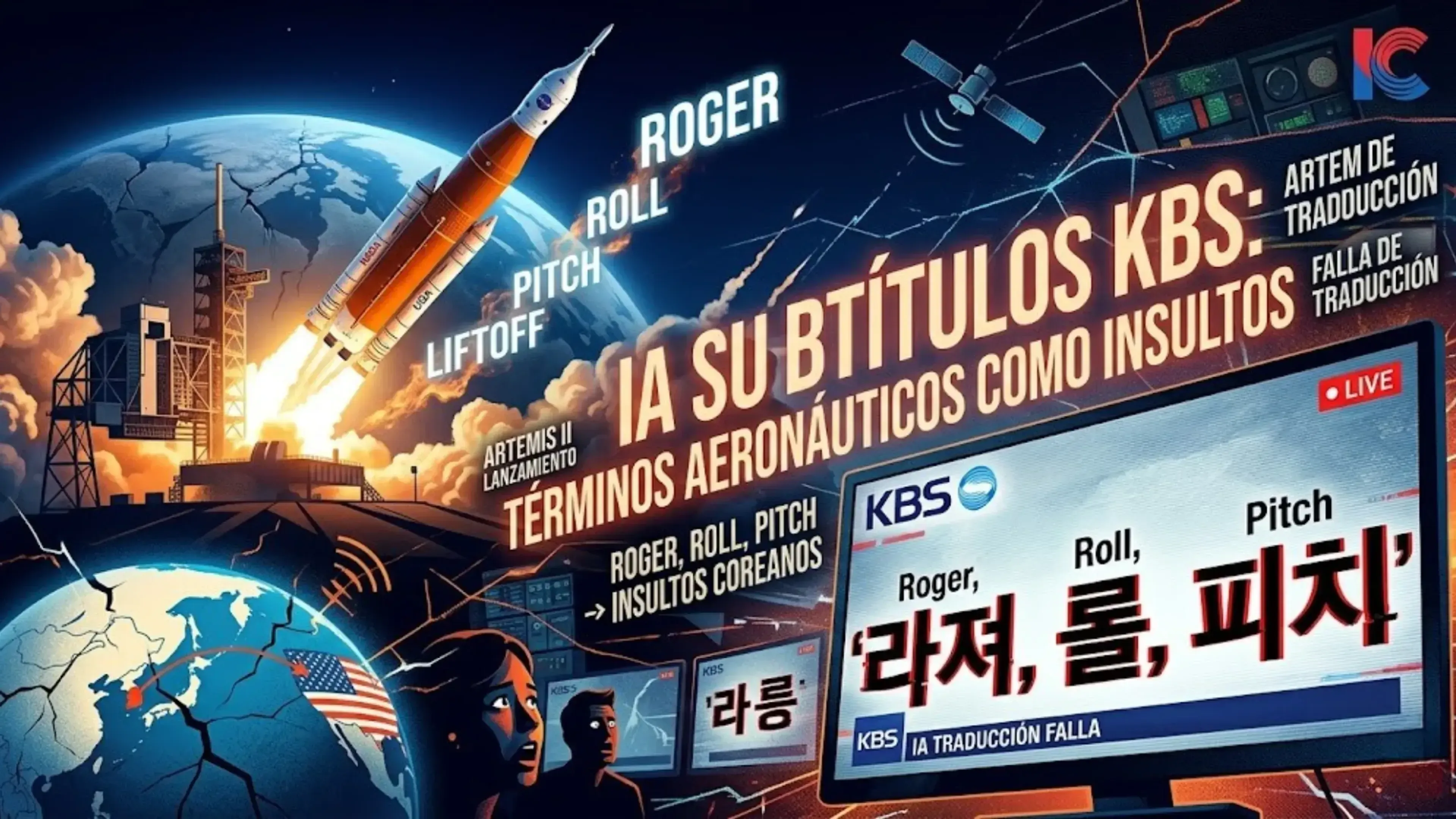 Cohete Artemis II en lanzamiento con pantalla de transmisión mostrando subtítulos en coreano, globo terráqueo y centro de control espacial de fondo.