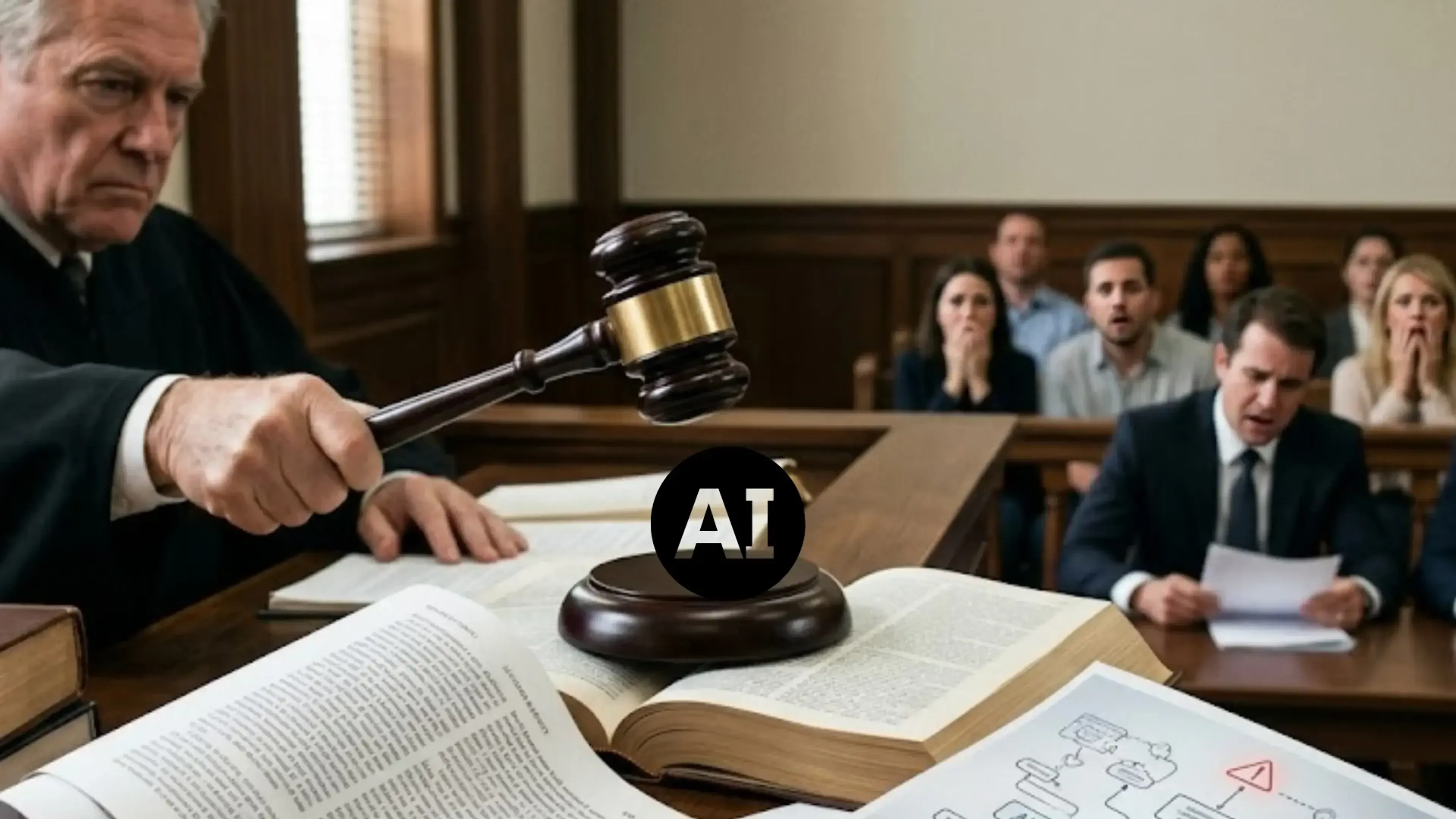Juez con mazo en sala de tribunal mientras abogados y personas en el público observan, con un símbolo de IA sobre documentos legales y libros de leyes.