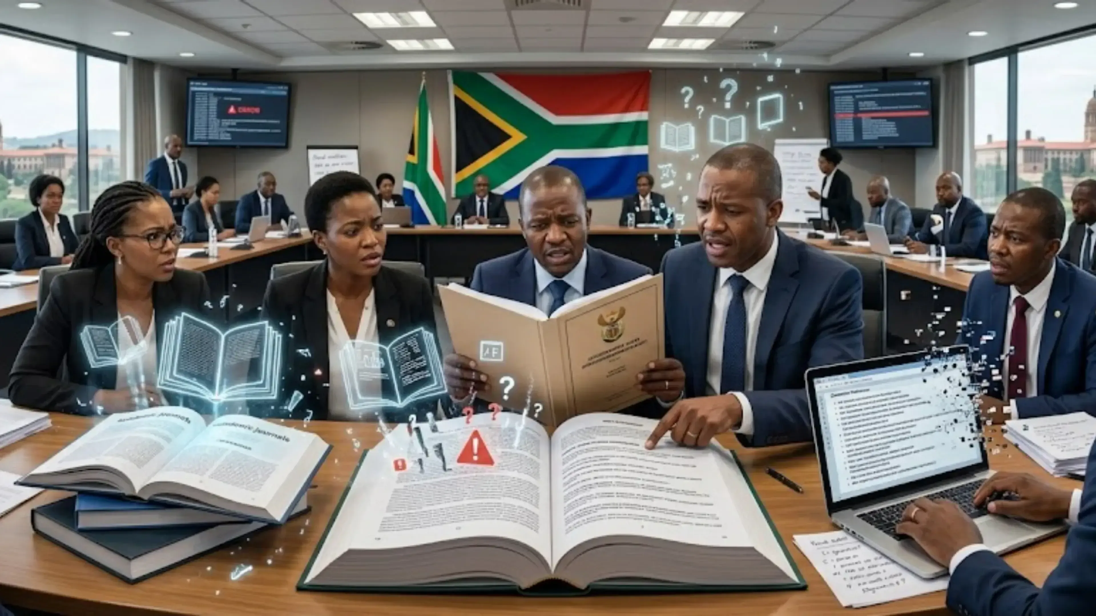 Profesionales sudafricanos reunidos en sala de conferencias con bandera nacional visible. Grupo mixto examina libros abiertos y laptops en la mesa. Superposiciones digitales de libros luminosos, signos de interrogación y flujos de datos.