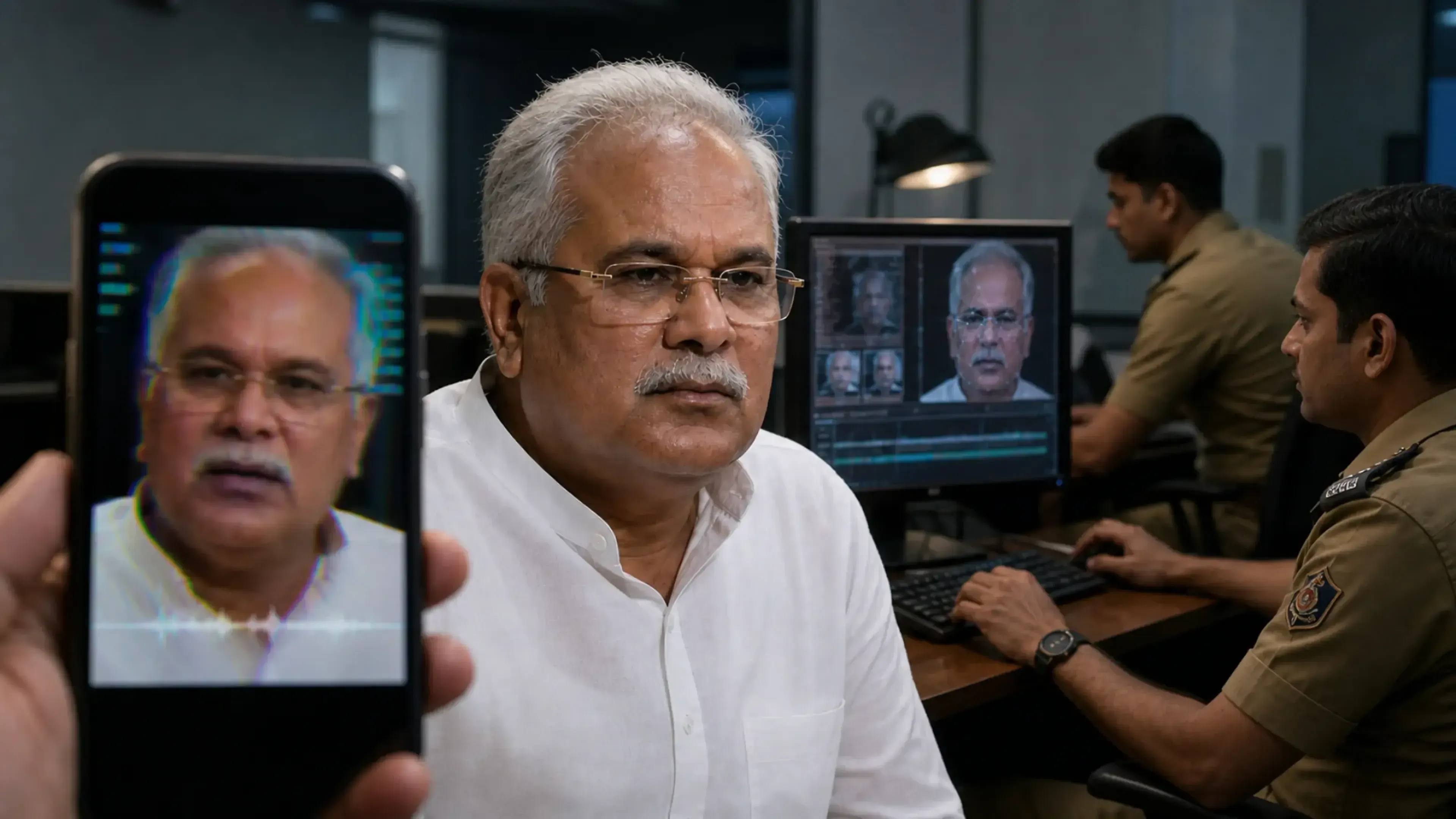 Hombre político indio con gesto serio junto a un móvil que muestra un vídeo manipulado de su rostro, mientras agentes analizan la imagen en pantallas de investigación digital.