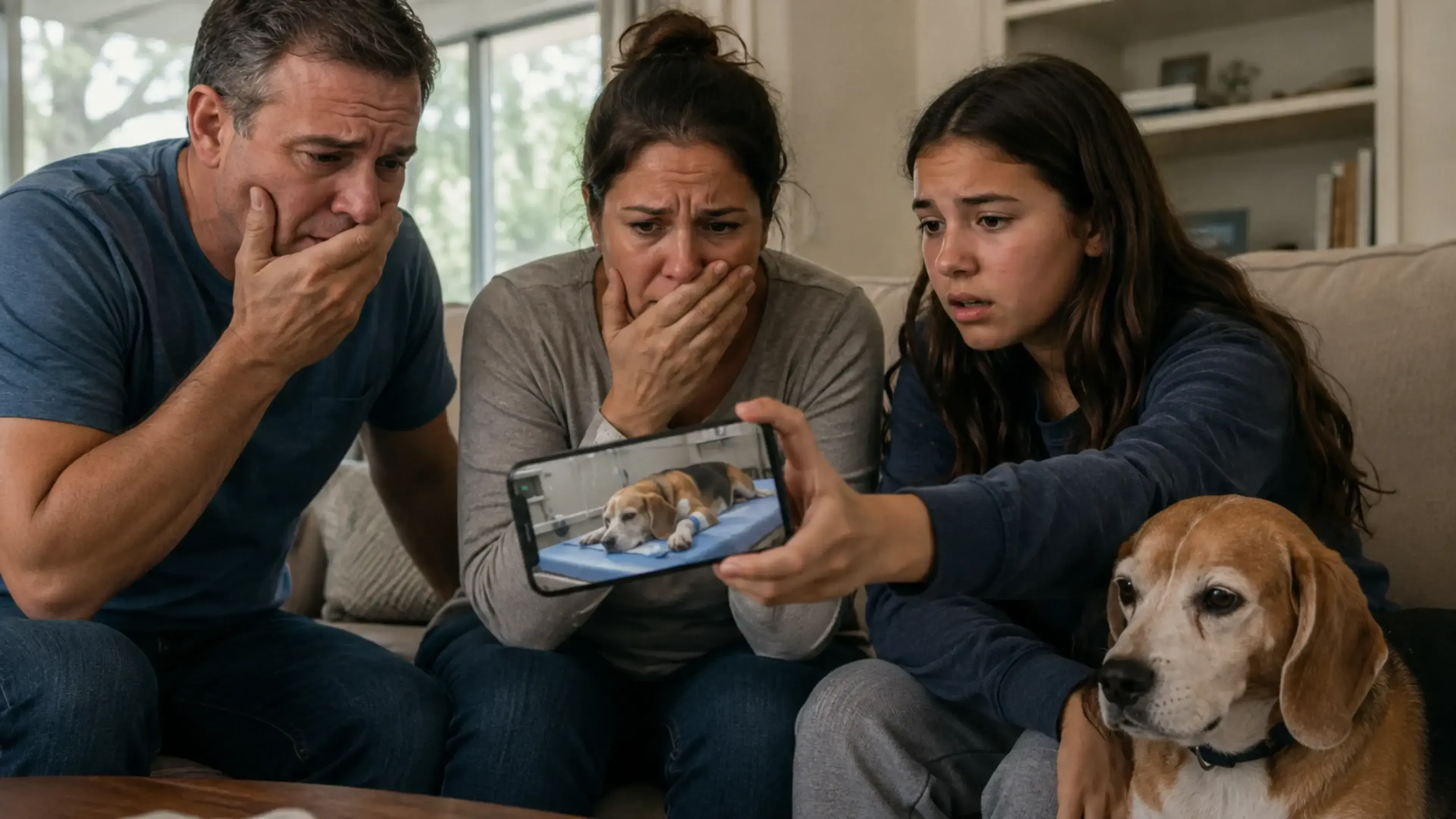 Familia angustiada observa en un móvil una foto falsa de su perro supuestamente herido, mientras el beagle real aparece recuperado junto a ellos en casa.