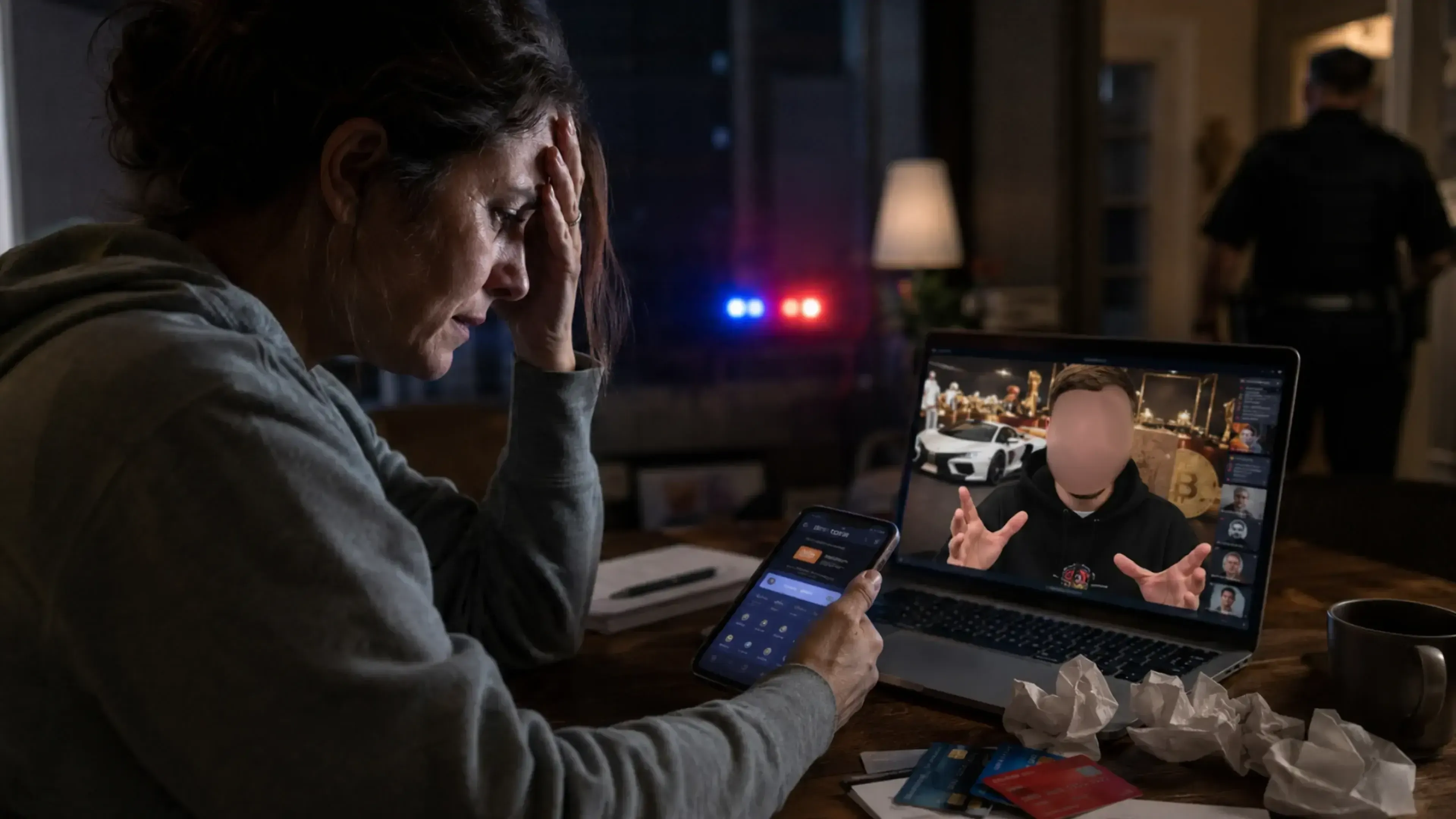 Mujer angustiada ante un móvil y un portátil con una falsa videollamada de inversión atribuida a una celebridad, mientras tarjetas, papeles arrugados y luces policiales sugieren una estafa con deepfake.