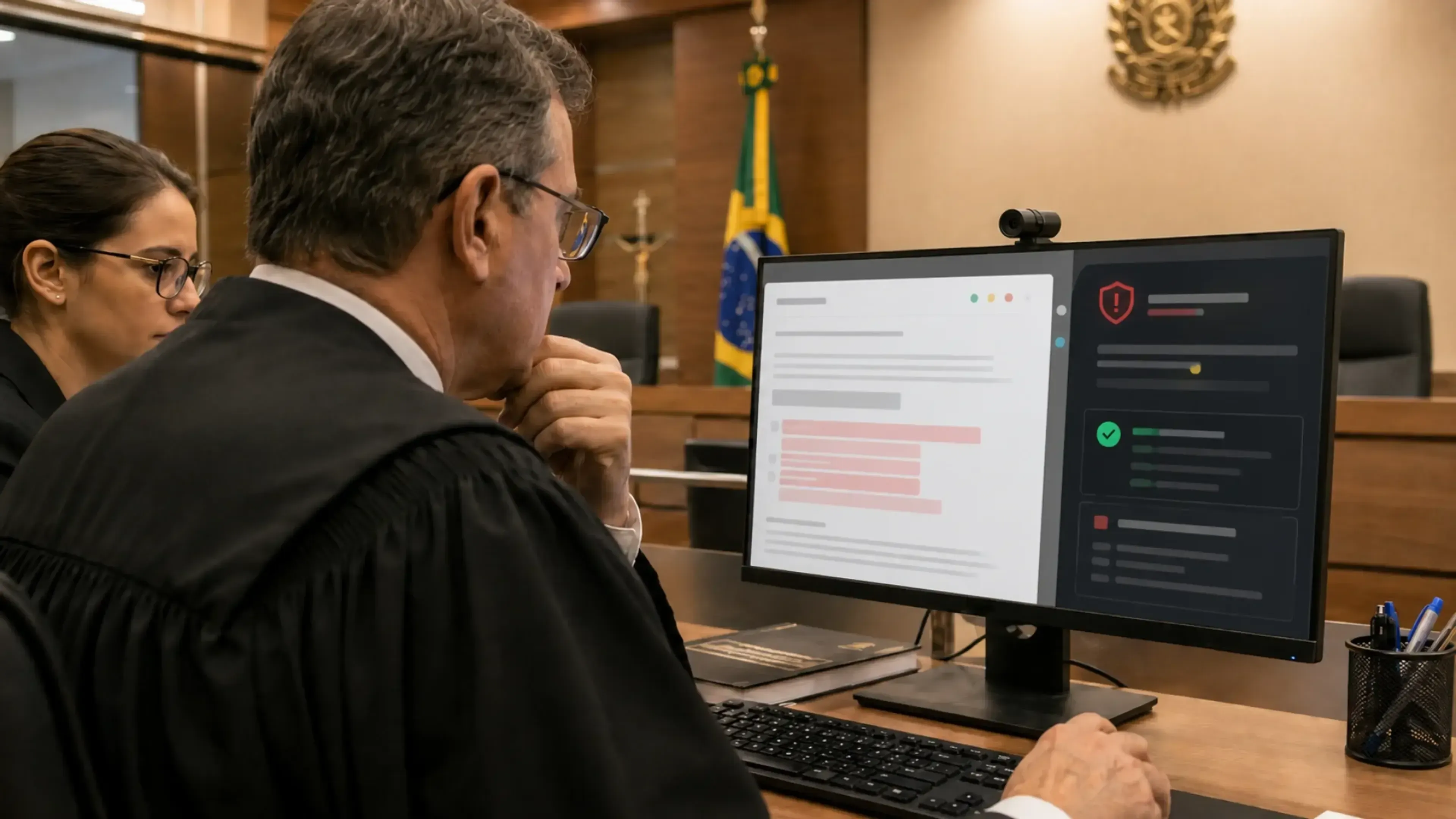 Juez y técnica judicial revisan en un tribunal brasileño una demanda marcada por una alerta de IA, tras detectar instrucciones ocultas para manipular el sistema.