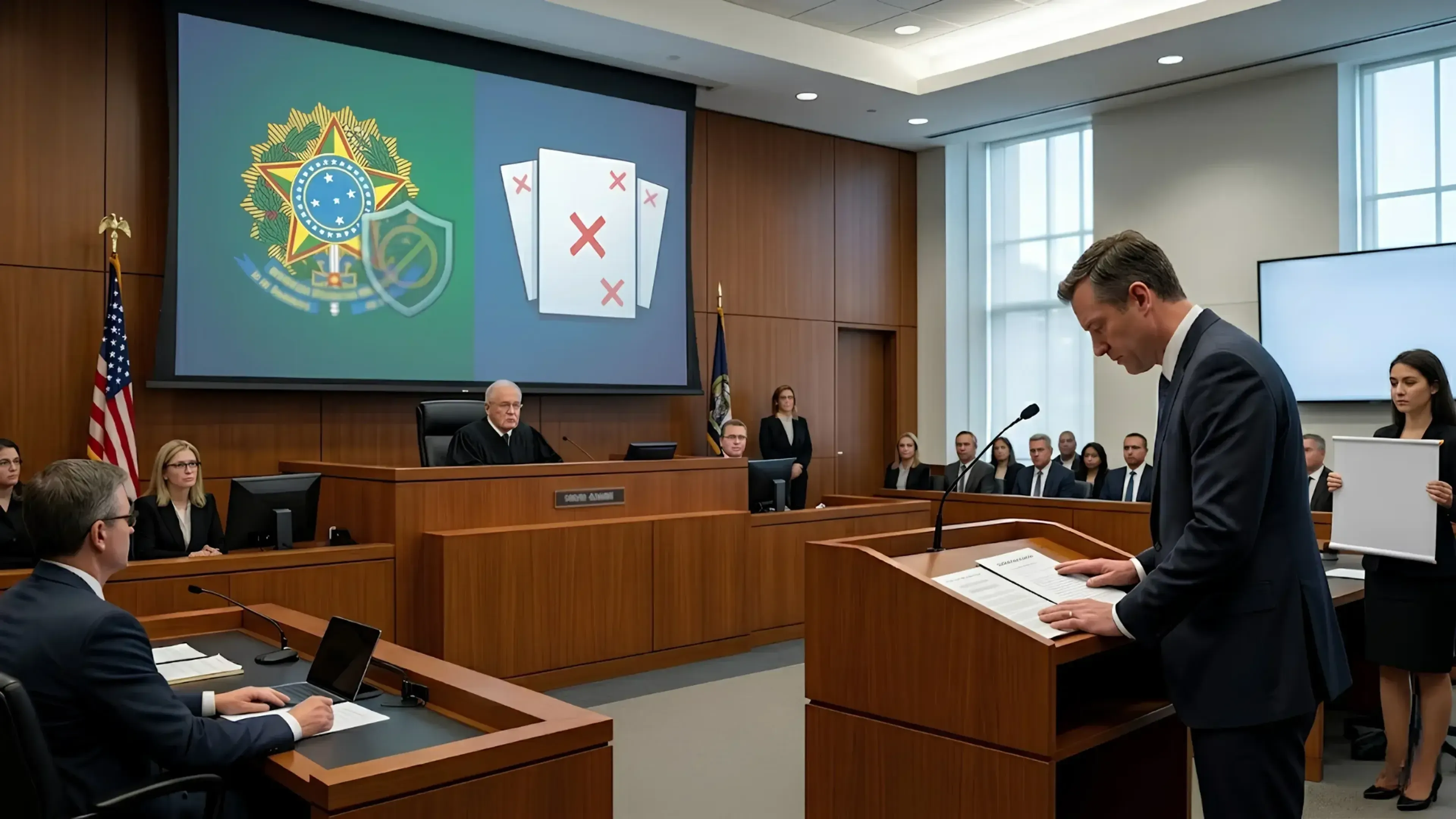 Sala de tribunal con un juez. Una pantalla grande muestra el escudo de Brasil y un candado (IA Galileu) a la izquierda, y documentos con 'X' rojas (citas de IA falsas) a la derecha. Un abogado está de pie en el podio.