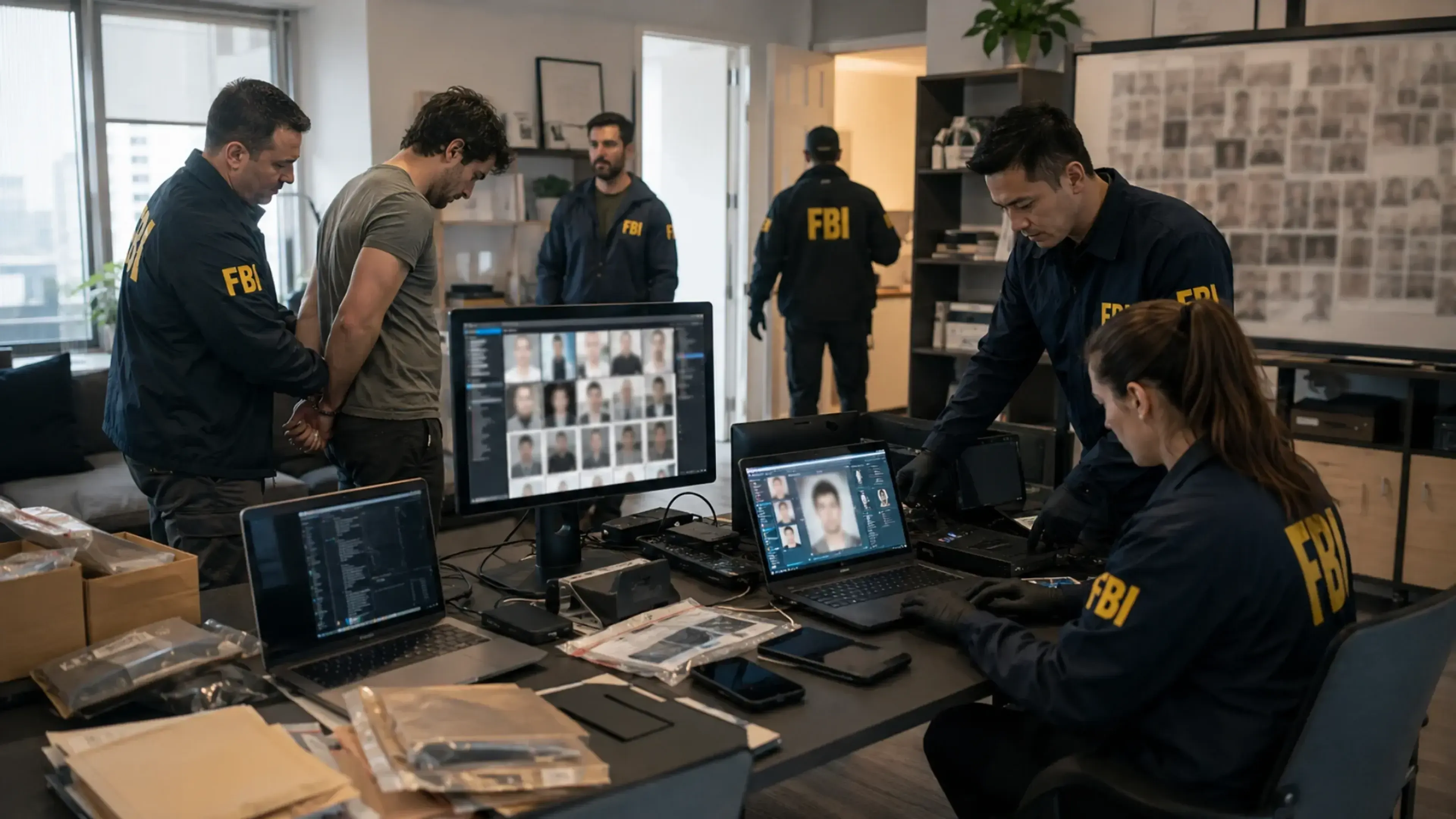 Agentes del FBI detienen a un sospechoso mientras revisan ordenadores, móviles y pruebas digitales vinculadas a pornografía deepfake creada con IA sin consentimiento.