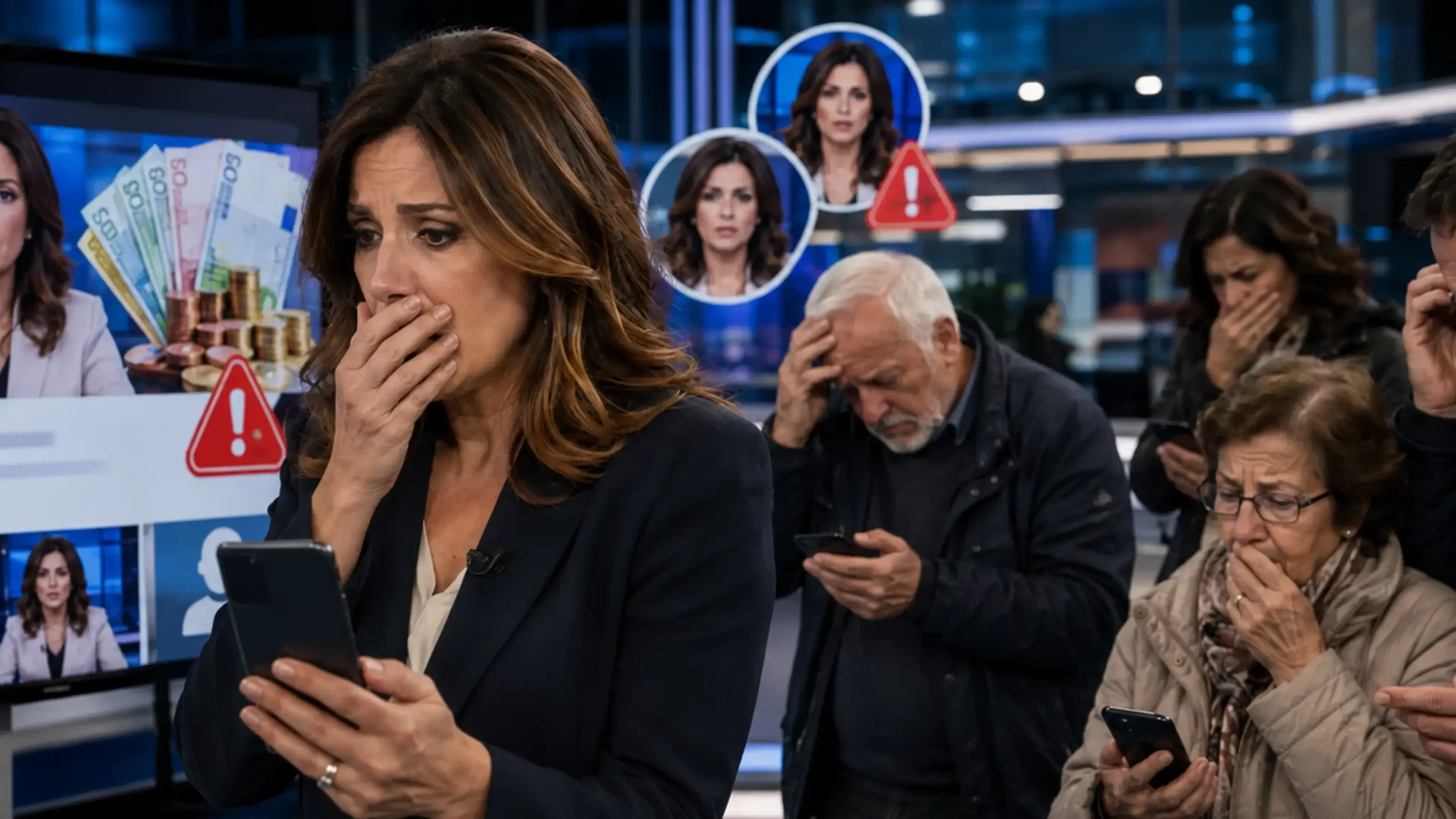 Periodista descubre en su móvil un perfil falso con su imagen usado para una estafa de préstamos, mientras varias víctimas miran sus teléfonos preocupadas en una redacción.