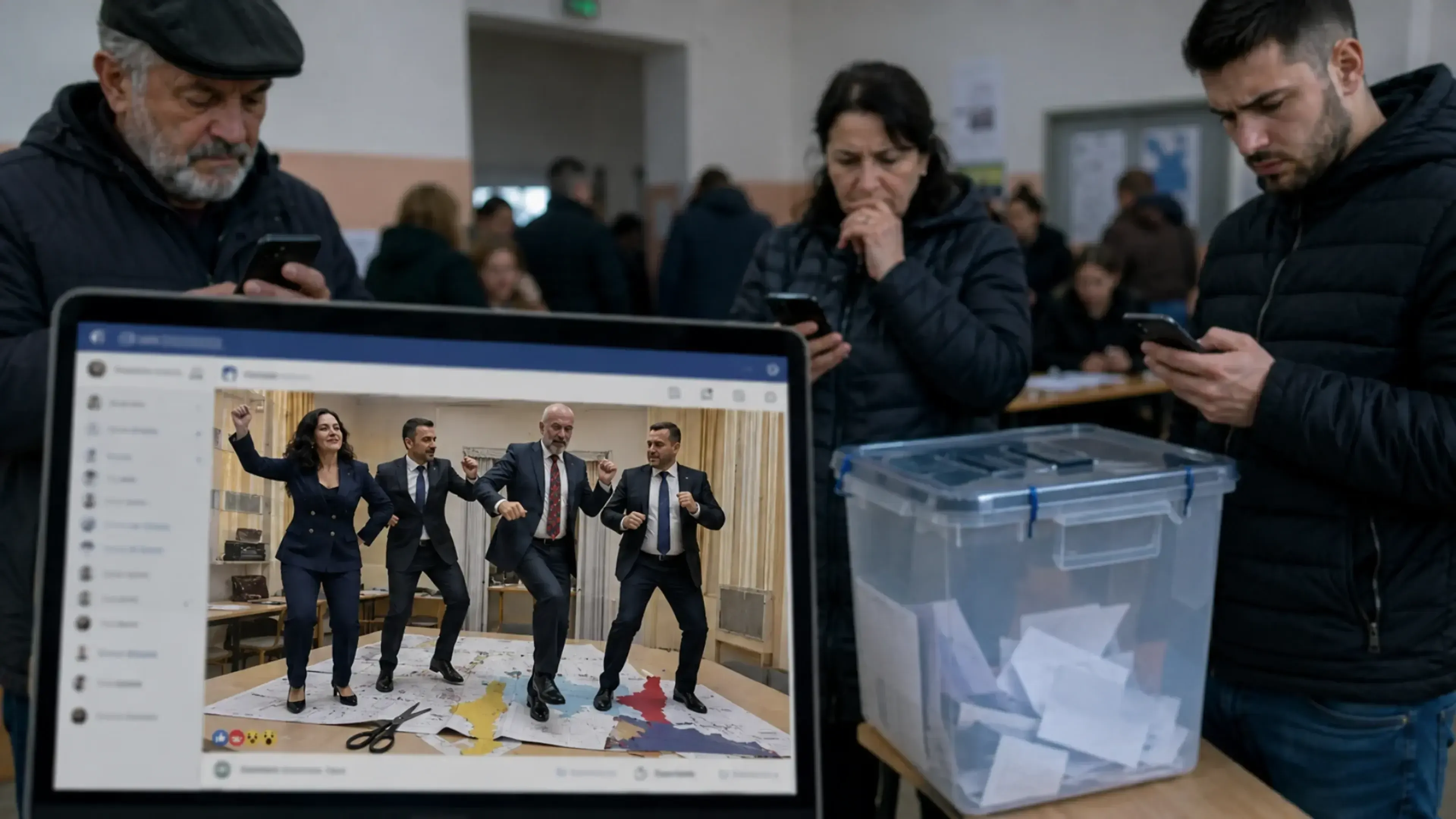 Ciudadanos consultan móviles junto a una urna mientras una pantalla muestra un vídeo político manipulado con IA, mapas y tijeras, simbolizando desinformación electoral en Kosovo.