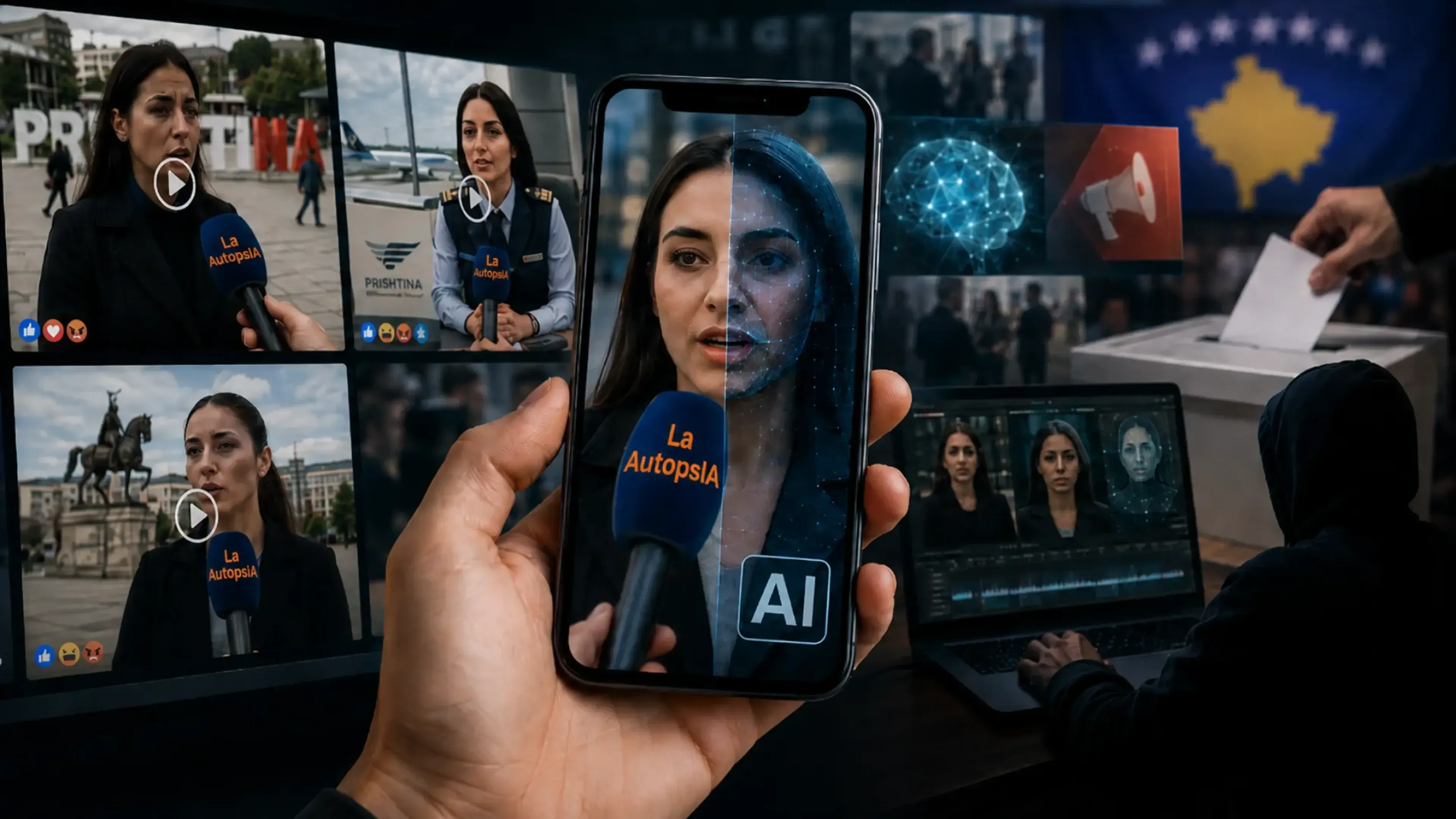 Montaje periodístico sobre deepfakes electorales en Kosovo: vídeos falsos de entrevistas circulan en redes, con micrófono de La AutopsIA, rostro generado por IA, urna y sala de manipulación digital.