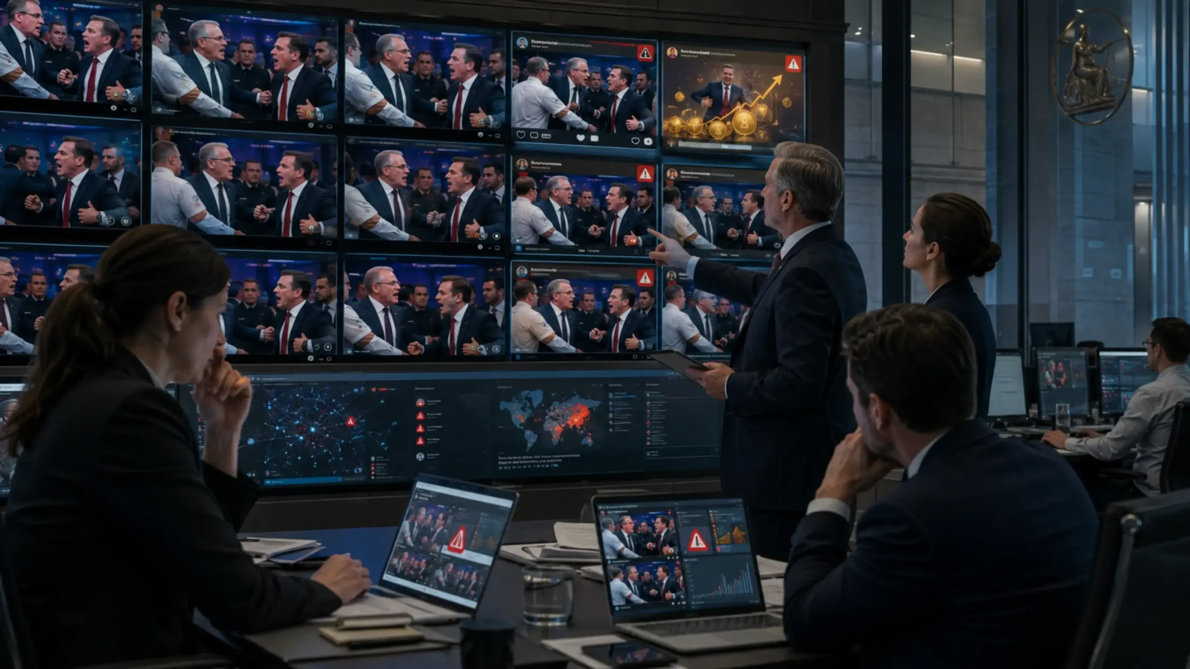 Centro de crisis de una autoridad financiera revisando en pantallas una avalancha de anuncios deepfake con una falsa pelea televisiva usada para atraer víctimas a estafas de inversión.
