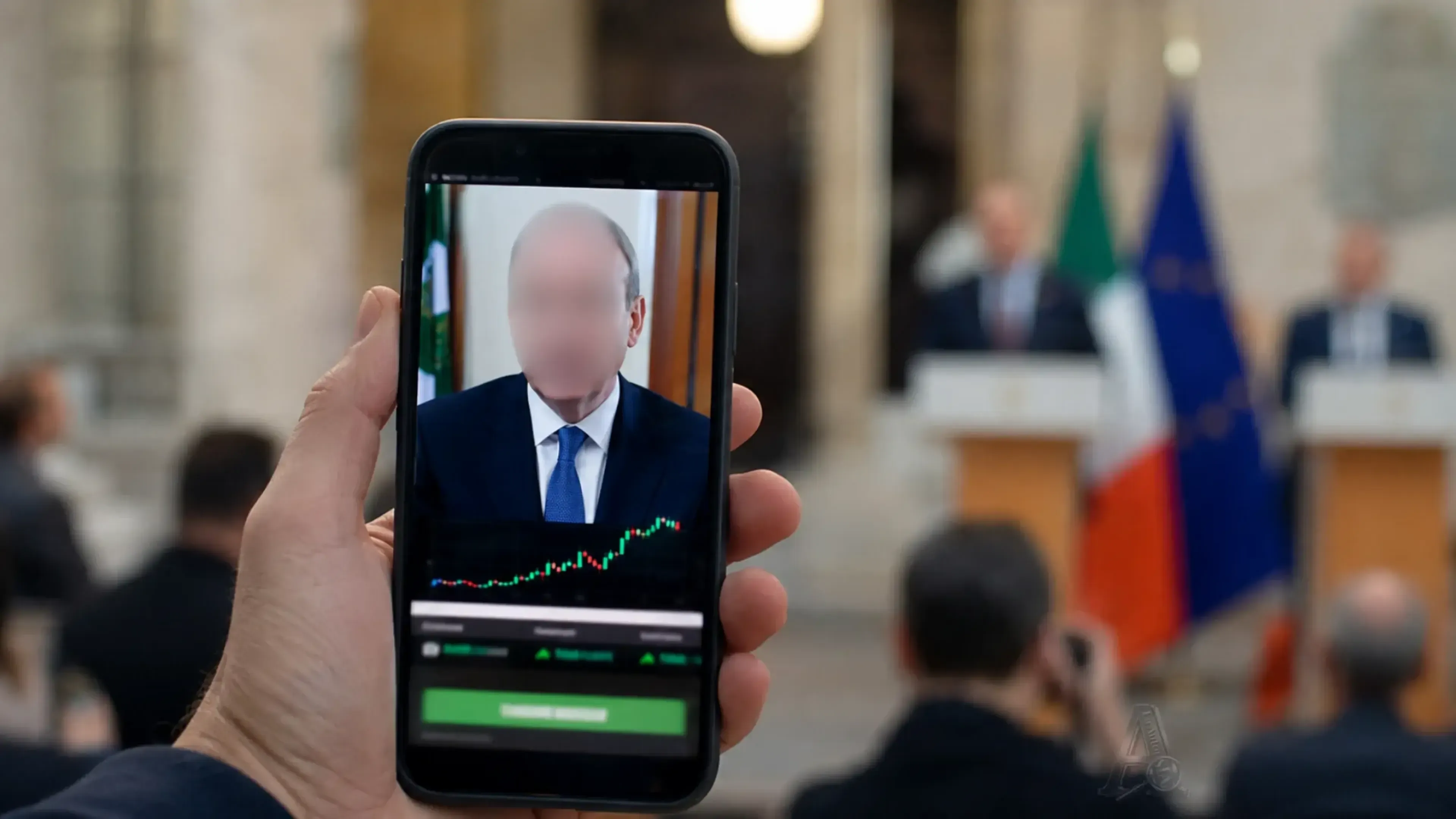 Una mano sostiene un móvil con un falso vídeo de Micheál Martin promocionando una inversión fraudulenta, con una rueda de prensa irlandesa desenfocada al fondo.