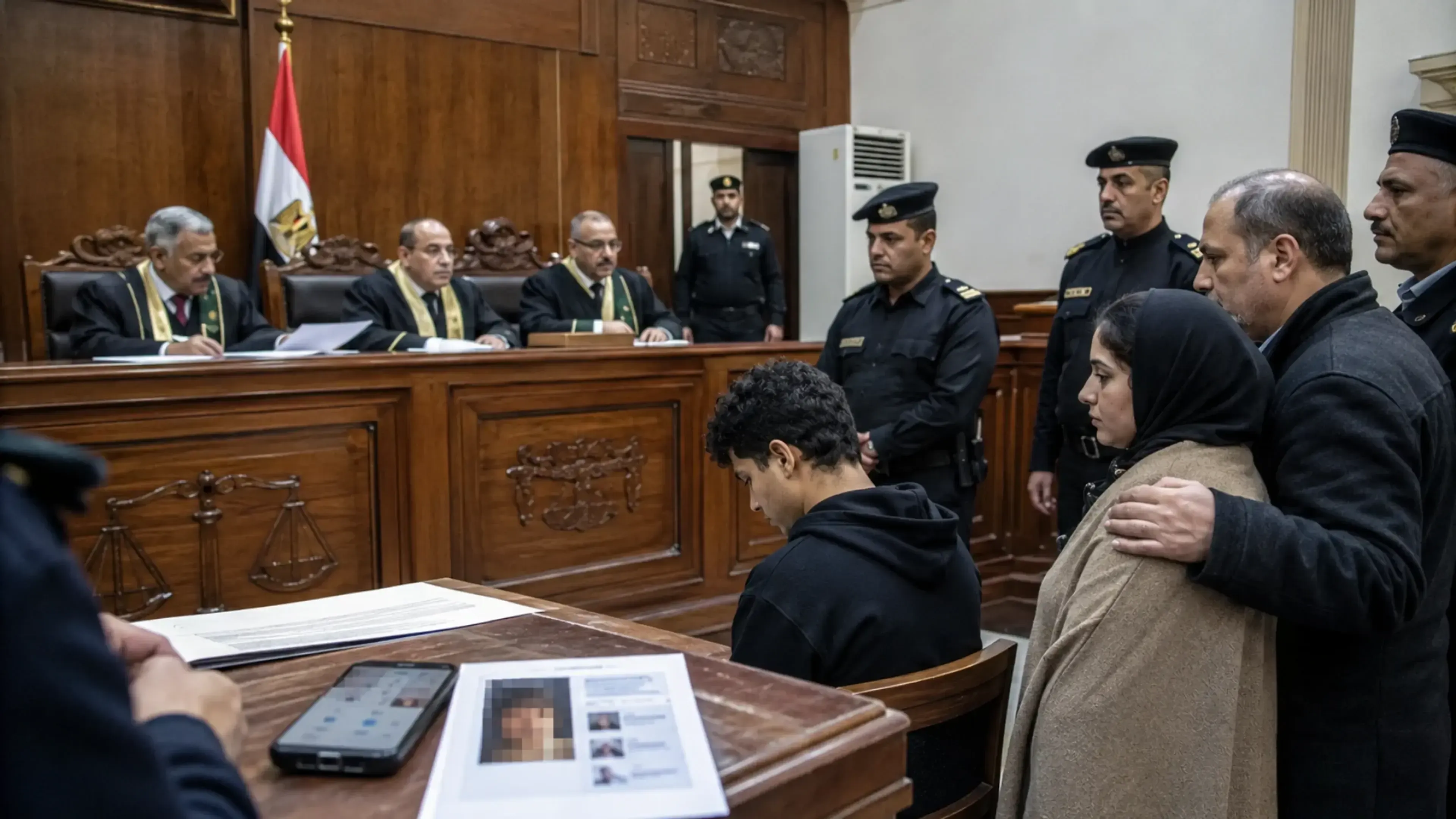 Sala de tribunal en Egipto durante un juicio por chantaje con imágenes sexuales generadas con IA: jueces al fondo, varios agentes, un joven acusado sentado y, a su lado, la víctima y su padre en un momento solemne.