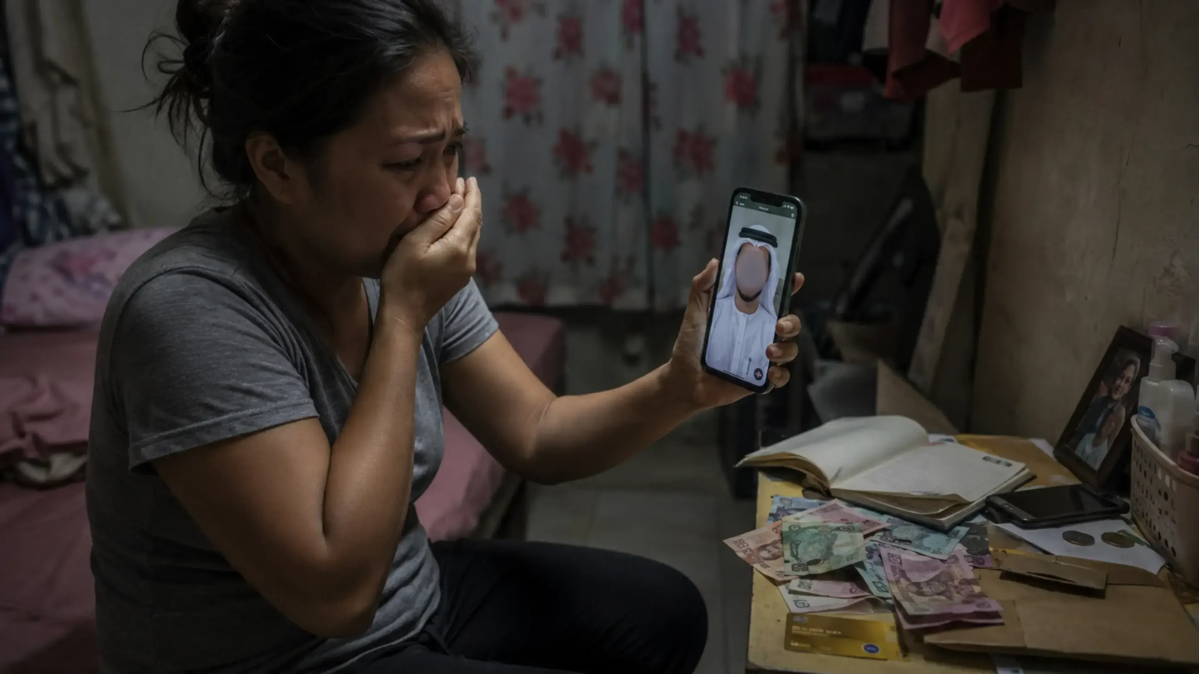 Mujer filipina, sentada en una habitación modesta, mira con angustia una videollamada en su móvil con un falso príncipe de Dubái, mientras sobre la mesa hay dinero, papeles y objetos personales que reflejan la estafa sufrida.