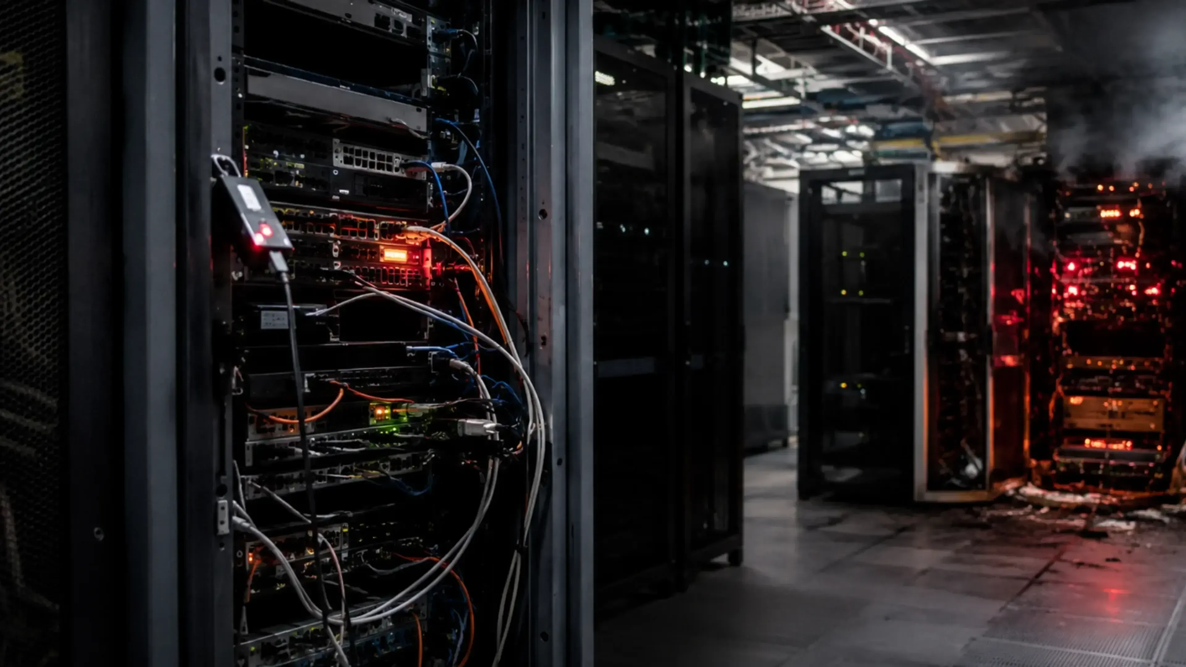 Centro de datos con racks abiertos, cableado expuesto, luces de alerta y humo, representando un ataque de ransomware autónomo contra servidores de producción.