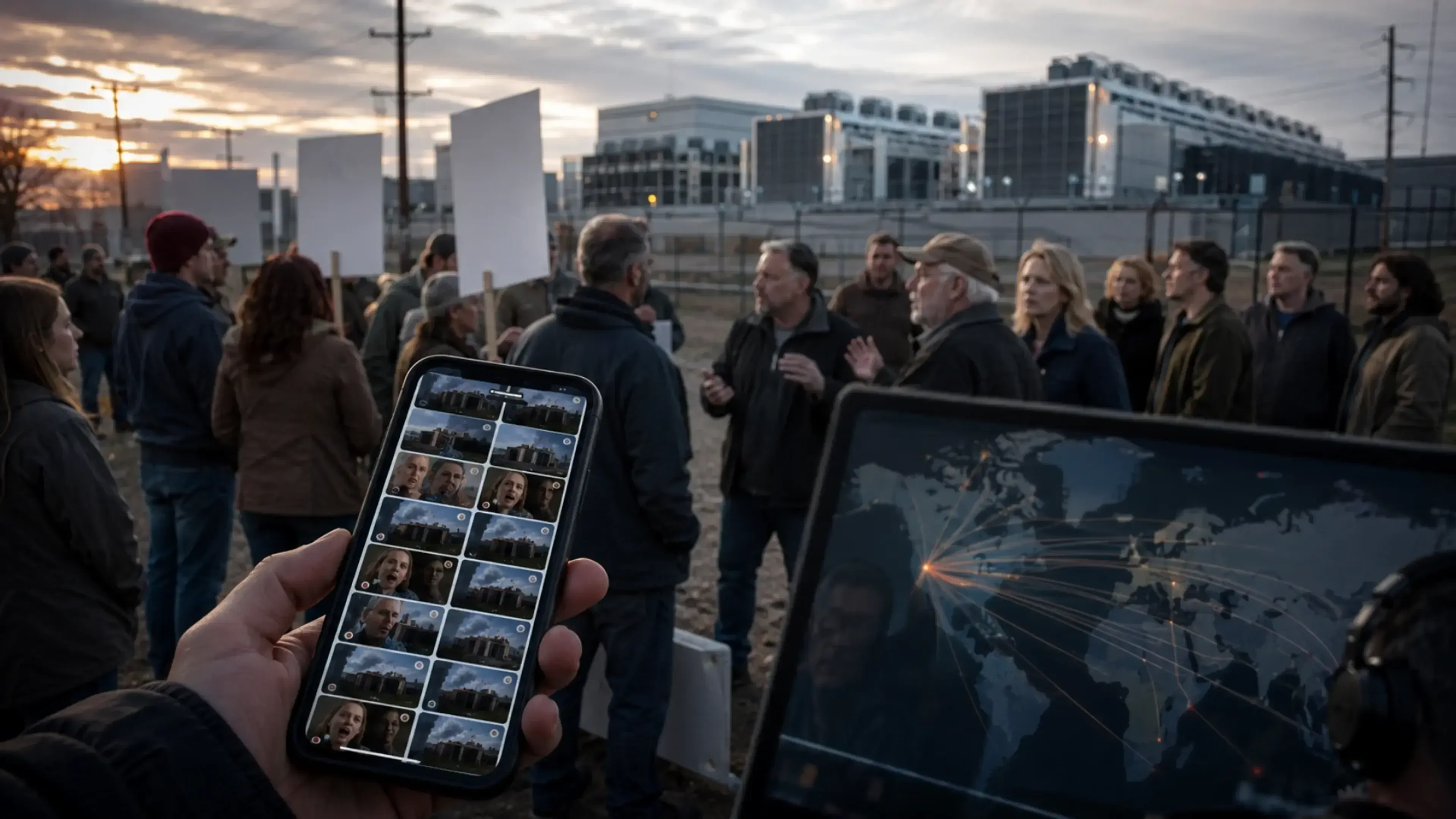 Vecinos protestan ante un centro de datos mientras un móvil muestra contenido repetido y una pantalla refleja conexiones globales, simbolizando la amplificación digital de conflictos locales.