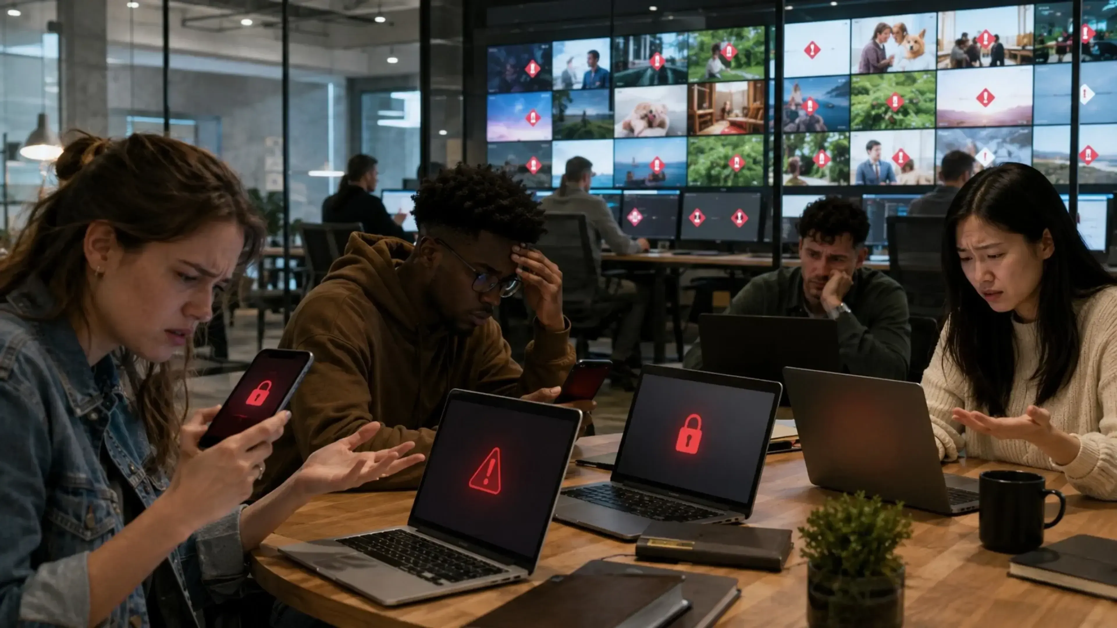 Usuarios frustrados consultan móviles y portátiles bloqueados mientras, al fondo, un sistema automático de moderación marca por error imágenes normales como contenido problemático.