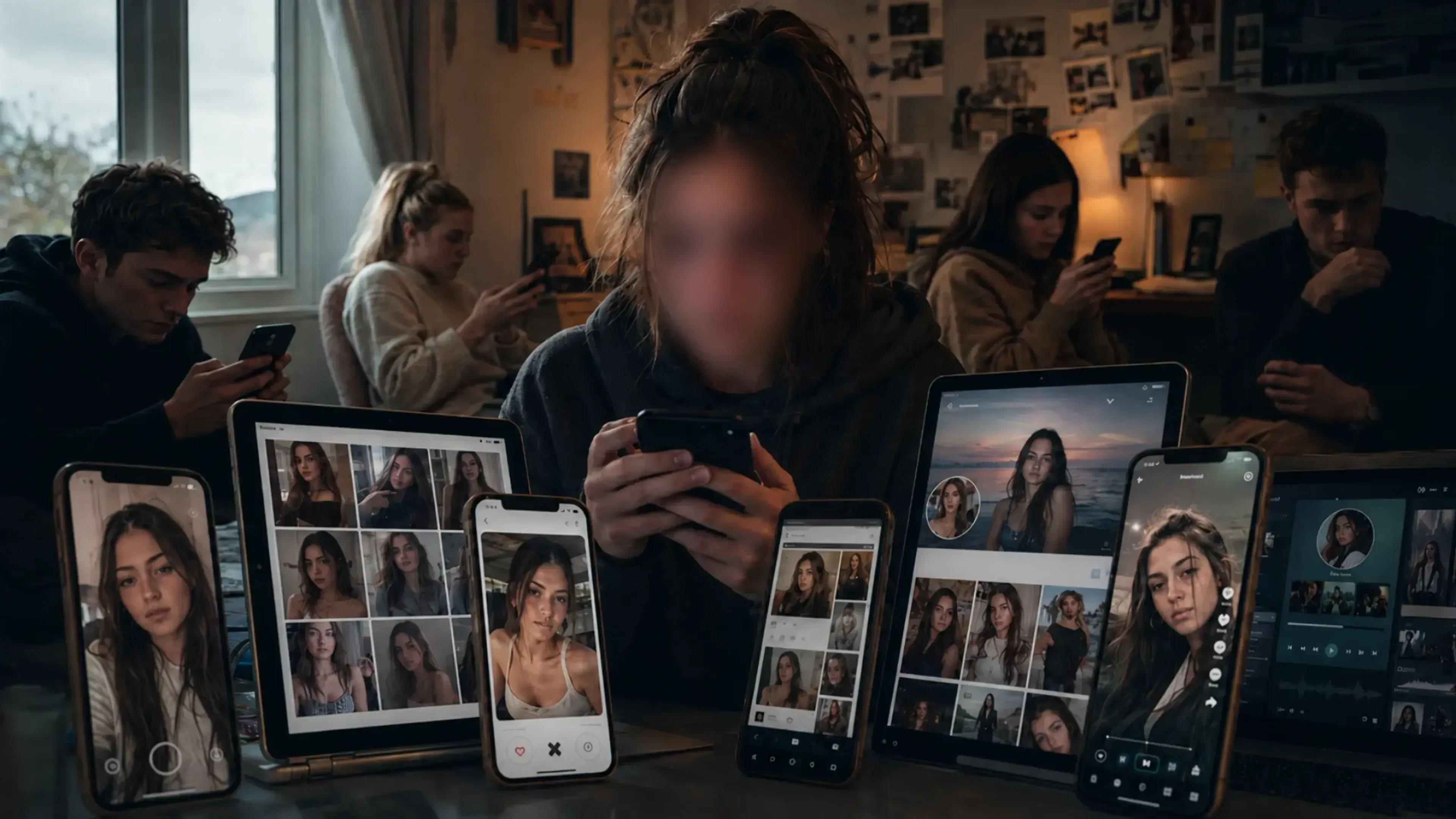 Joven con el rostro difuminado rodeada de móviles y perfiles falsos con su imagen, representando una suplantación digital con IA y acoso en redes.
