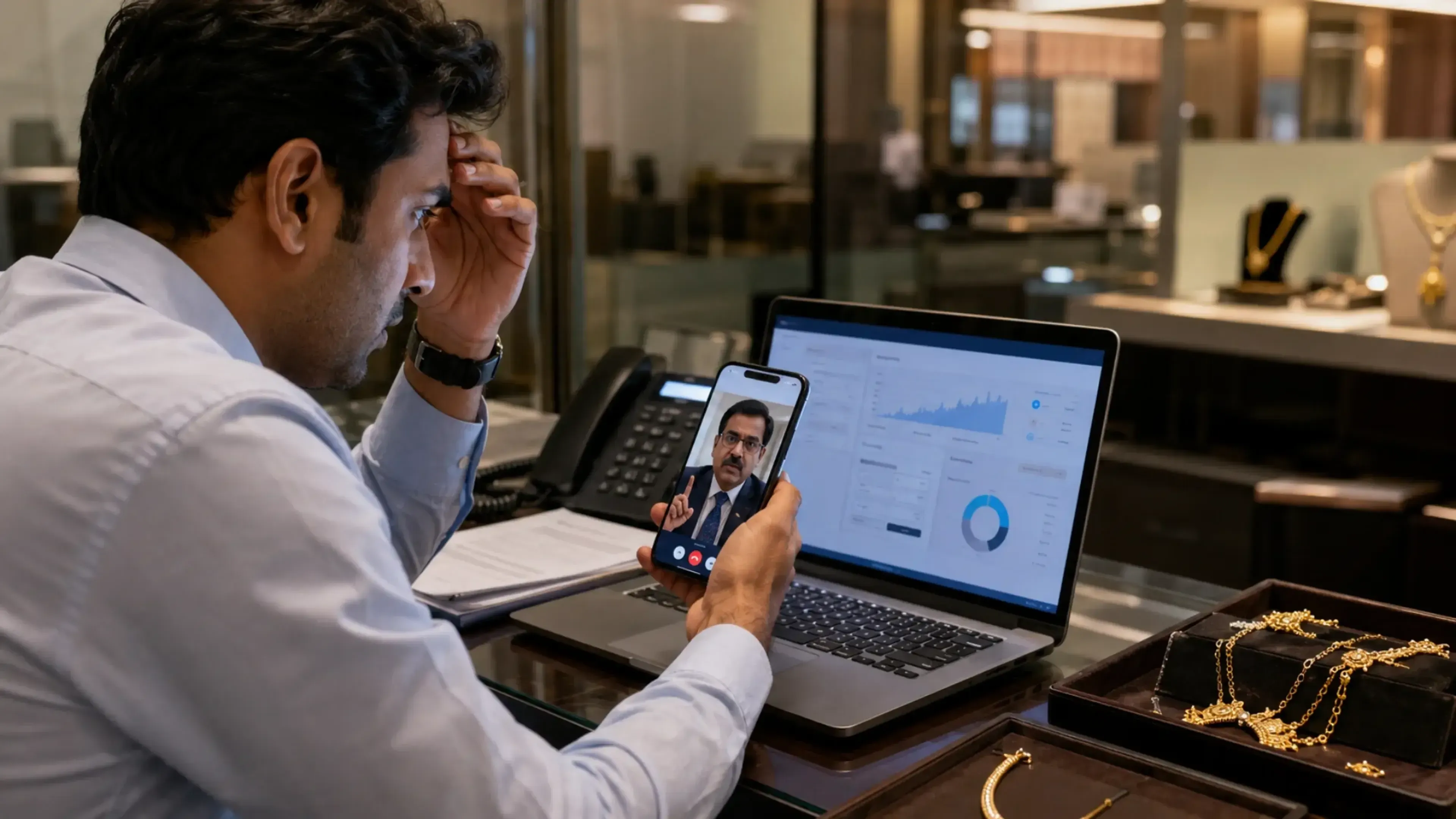 Empleado de una joyería observa con preocupación una videollamada en su móvil junto a un portátil abierto y bandejas con joyas de oro, representando un fraude con deepfake y transferencias no autorizadas.