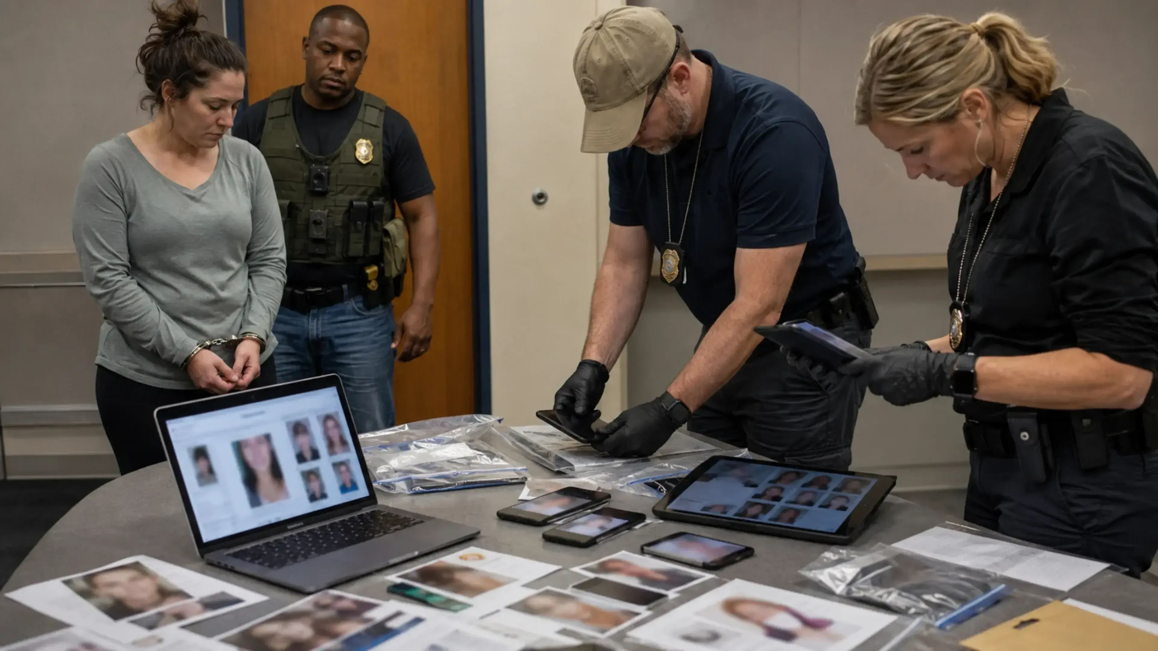 Mujer esposada junto a varios agentes que examinan teléfonos, un portátil, fotografías y pruebas digitales incautadas durante una investigación por amenazas, suplantación y extorsión con contenido generado por IA.