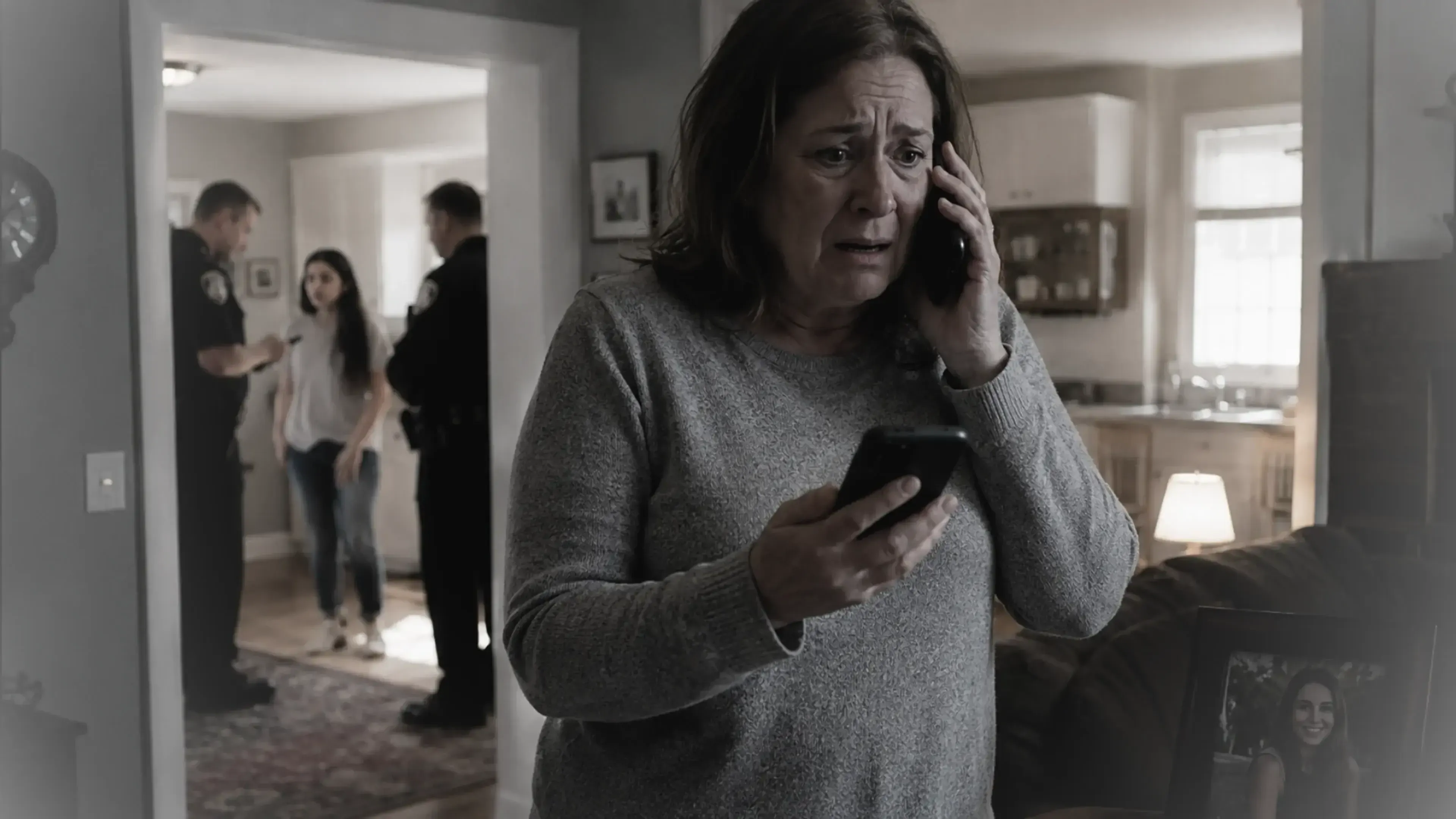 Una mujer, visiblemente angustiada, habla por teléfono y mira otro móvil en su casa mientras, al fondo, dos agentes conversan con una joven ya localizada sana y salva tras una falsa llamada de secuestro.