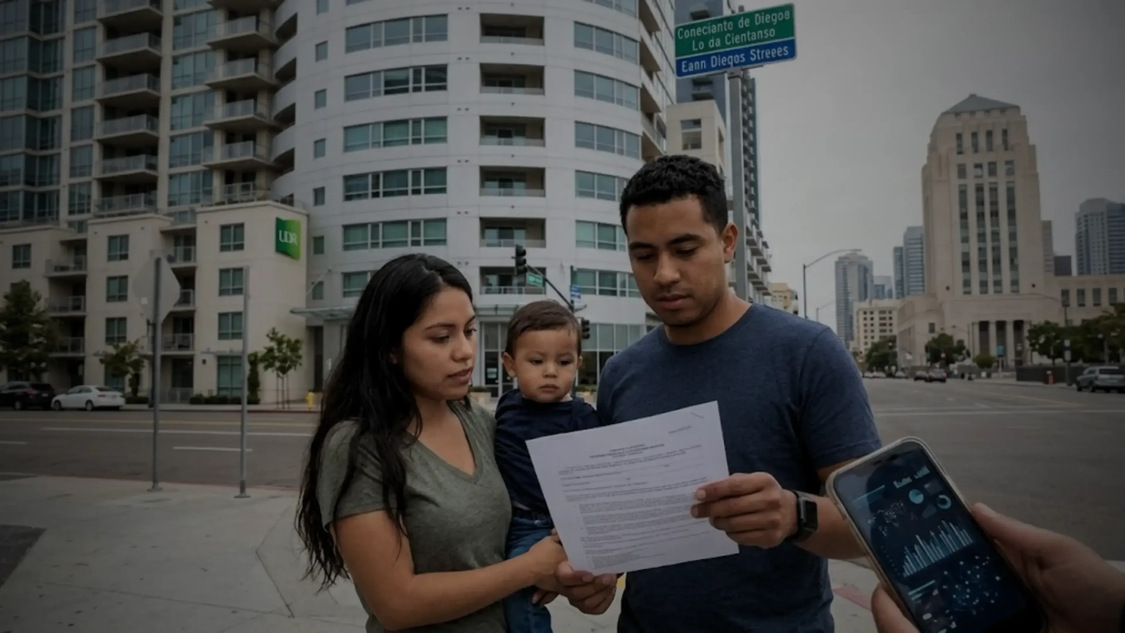 Familia de tres personas (hombre, mujer y niño) se detiene en una calle de la ciudad para revisar un documento de papel y gráficos de datos complejos en un teléfono inteligente frente a un edificio de apartamentos de gran altura con el logo "UDR".