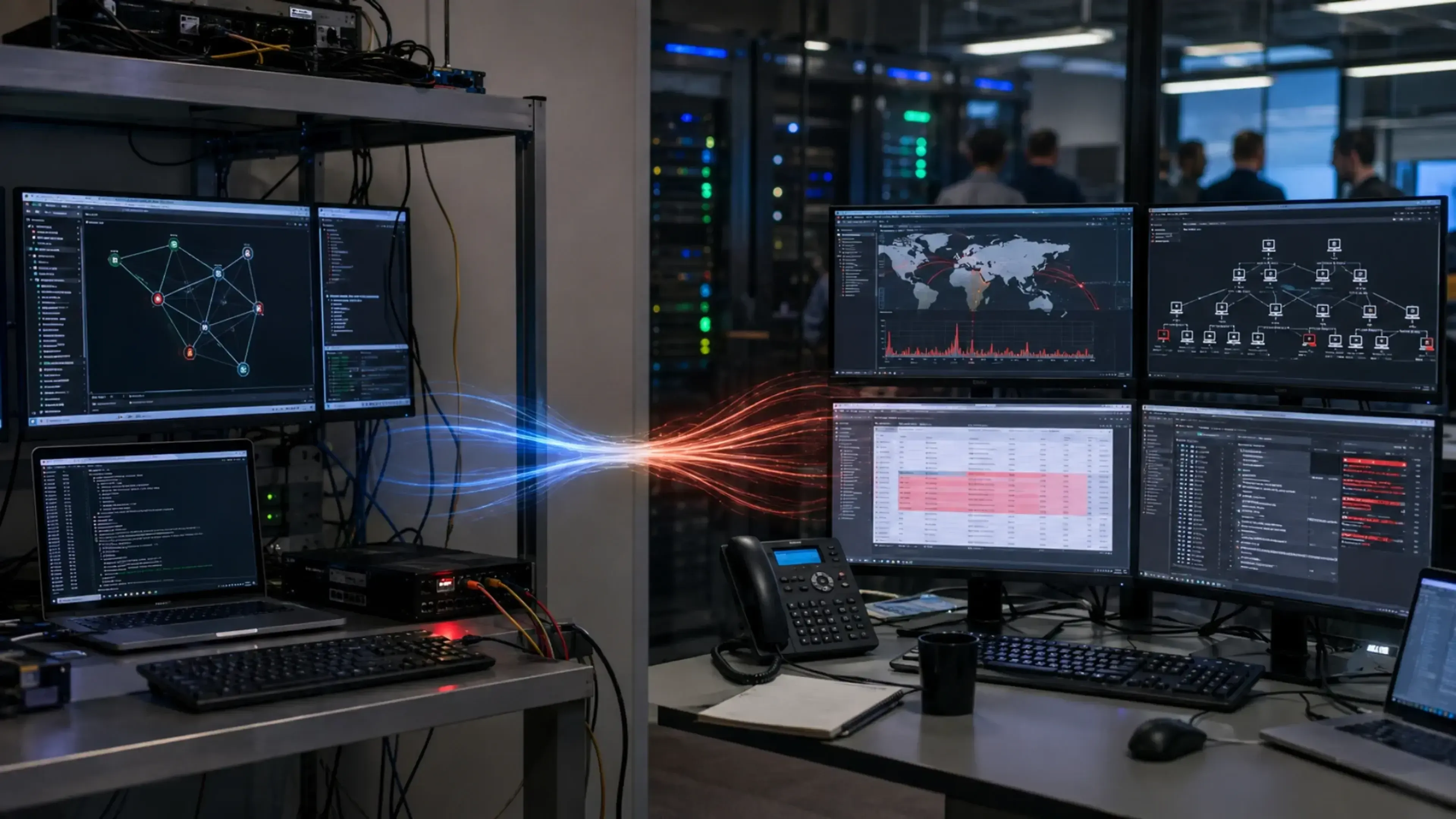 Un centro de control de TI de alta tecnología con múltiples monitores. Un puente de datos con líneas rojas y azules brilla entre la estación de trabajo y las pantallas que muestran mapas mundiales. Racks de servidores de fondo.