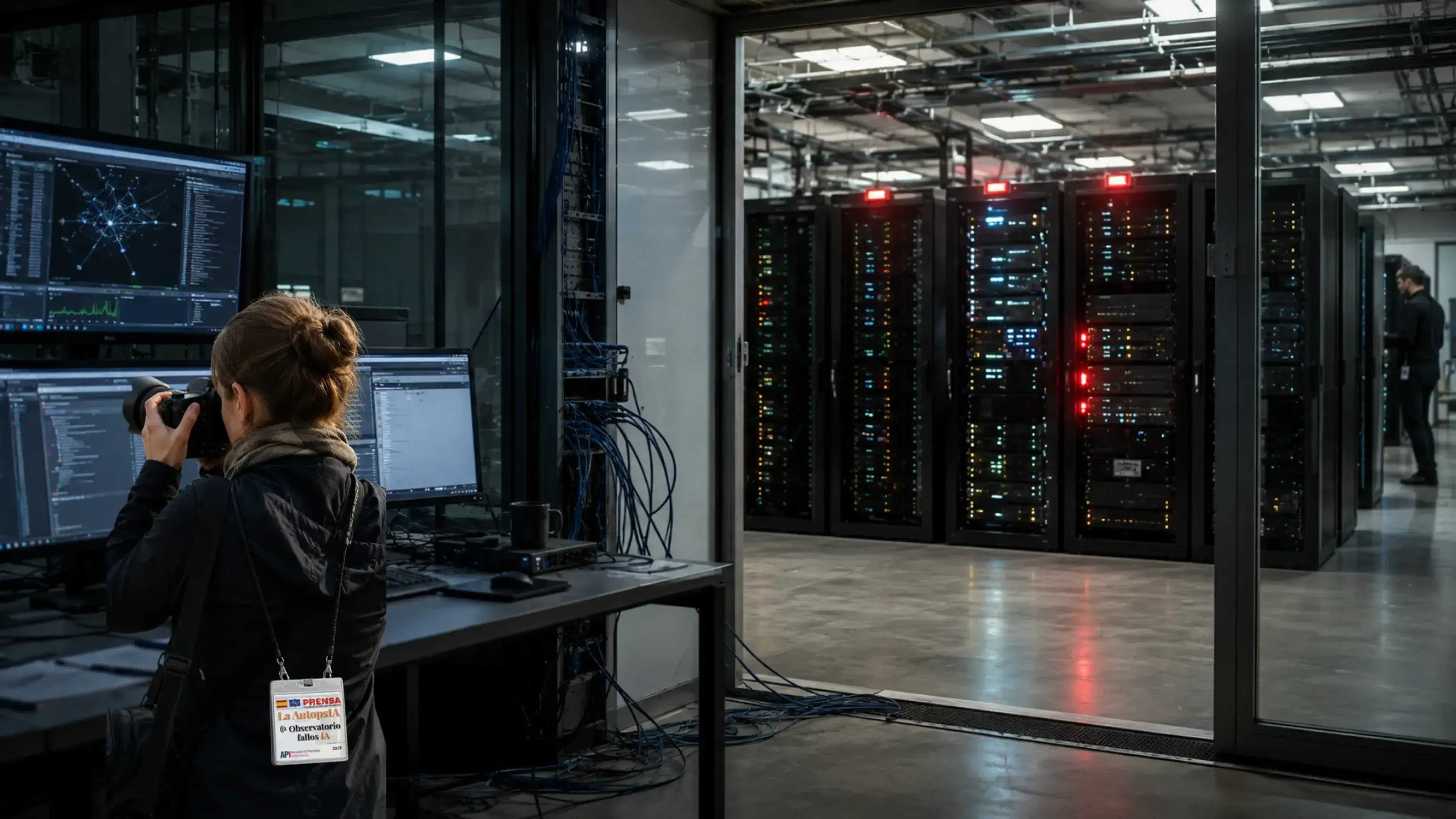 Una fotógrafa de espaldas con acreditación de prensa visible (PRENSA La AutopsiA / Observatorio fallos IA 2026 toma fotos de una sala de servidores a través de una puerta abierta. Se encuentra en una sala de control con monitores de datos complejos.