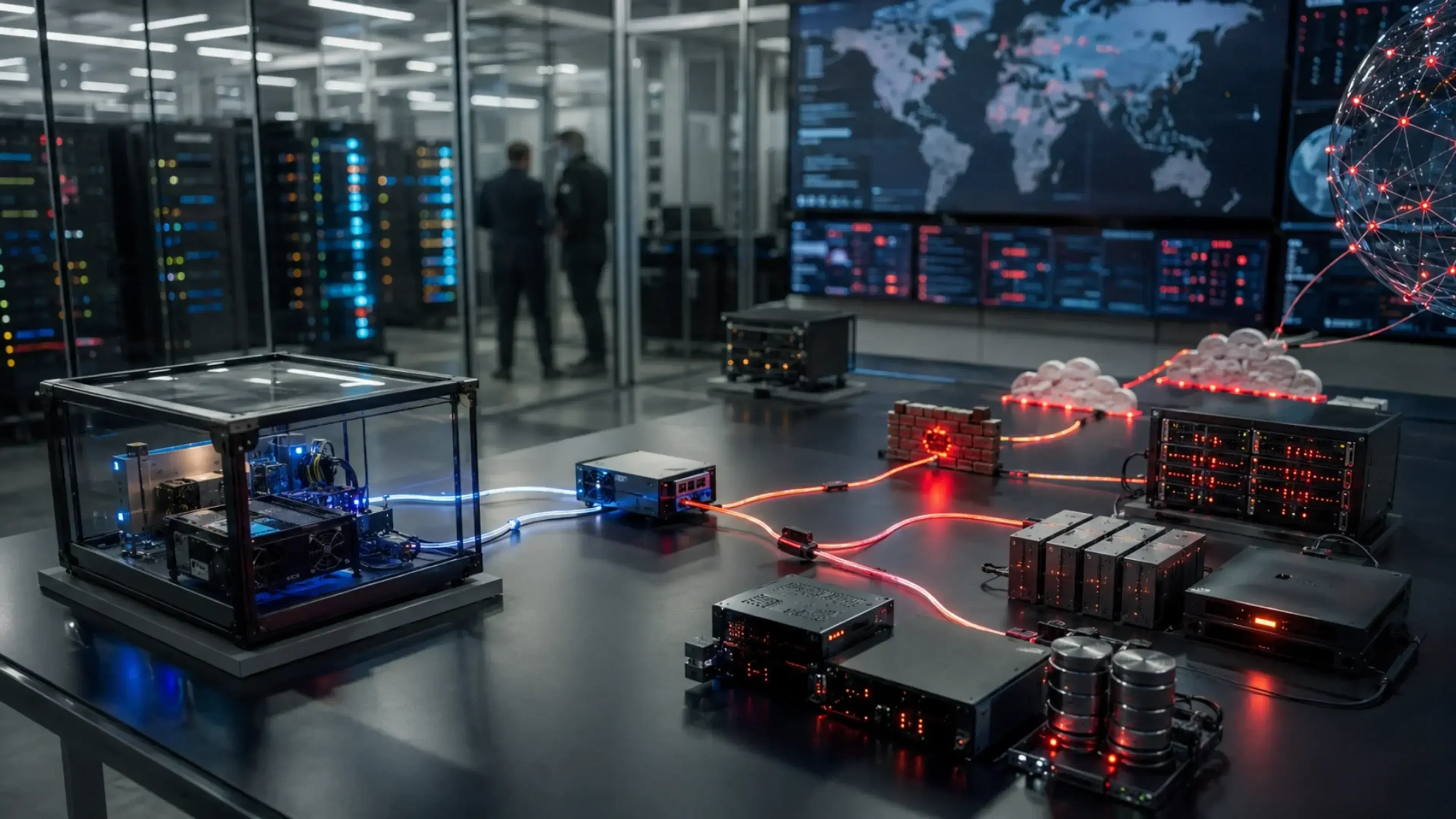 Un ordenador potente en una vitrina en un centro de datos se conecta mediante cables rojos a otros dispositivos de red y visualizaciones de conceptos (nube, firewall, global), con pantallas de visualización de datos de fondo.