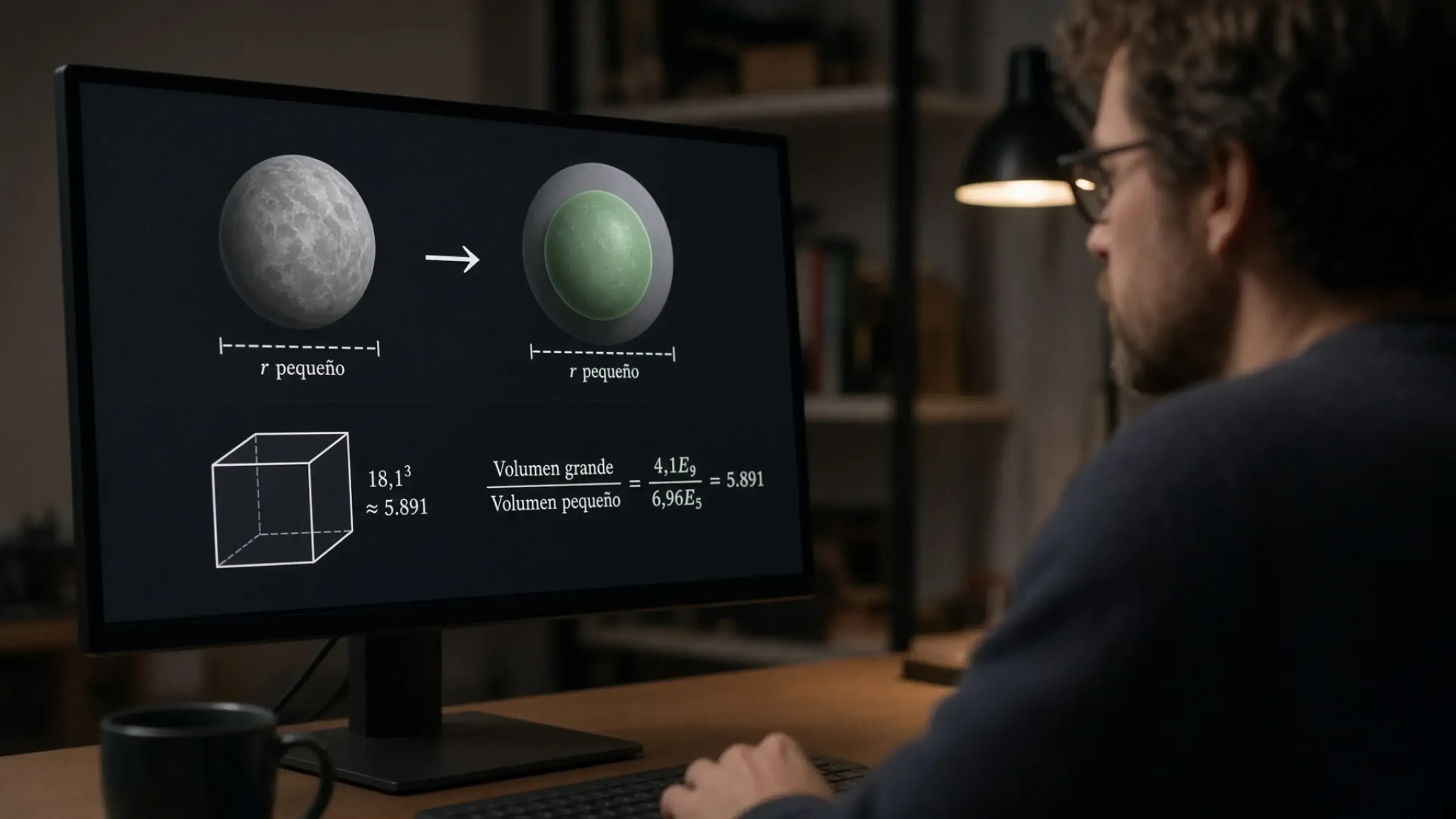 Hombre con gafas frente a un ordenador. En la pantalla hay modelos 3D de dos esferas, una flecha entre ellas, un cubo y cálculos matemáticos comparando el volumen grande y el pequeño, con el resultado 5.891.