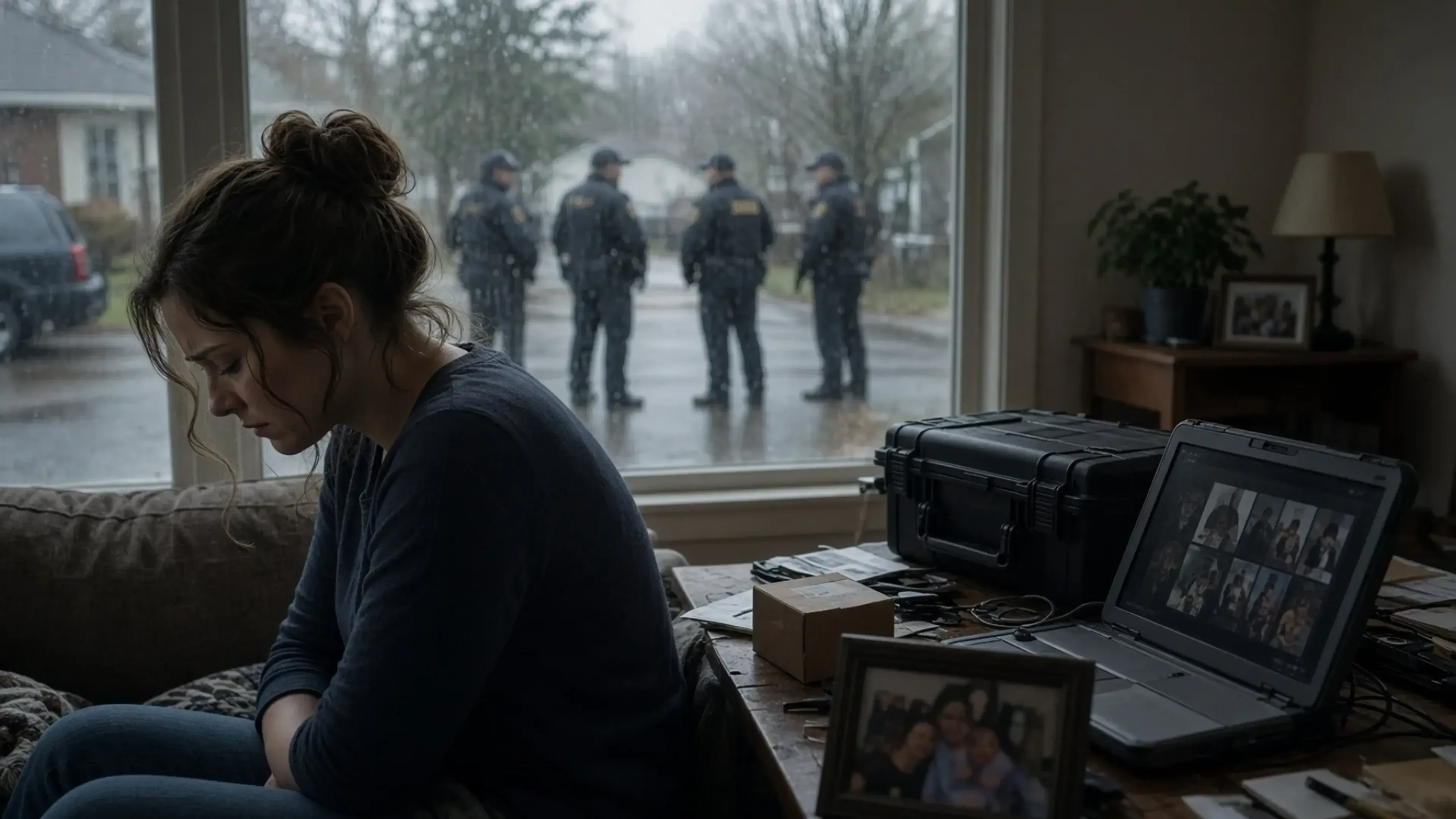 Mujer sentada y abatida junto a una ventana, con agentes al fondo y un equipo forense sobre la mesa mostrando imágenes digitales, en una escena que representa una investigación por abuso de imágenes generadas con IA.